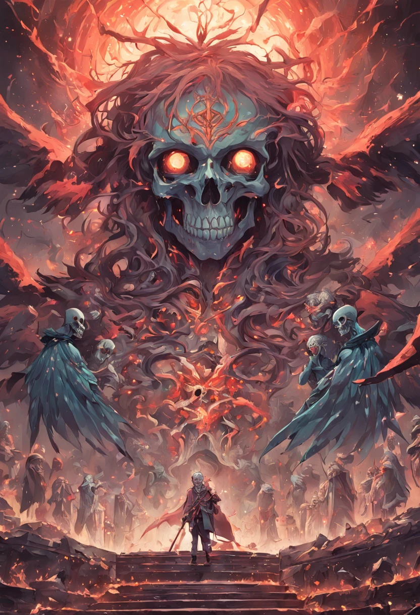 skull and lucifer talking to each other above a pile of corpses, fantasy, intricate, elegant, highly detailed, centered, symmetry, painted, intricate, volumetric lighting, beautiful, rich deep colors masterpiece, sharp focus, ultra detailed, in the style of dan mumford and marc simonetti, astrophotography