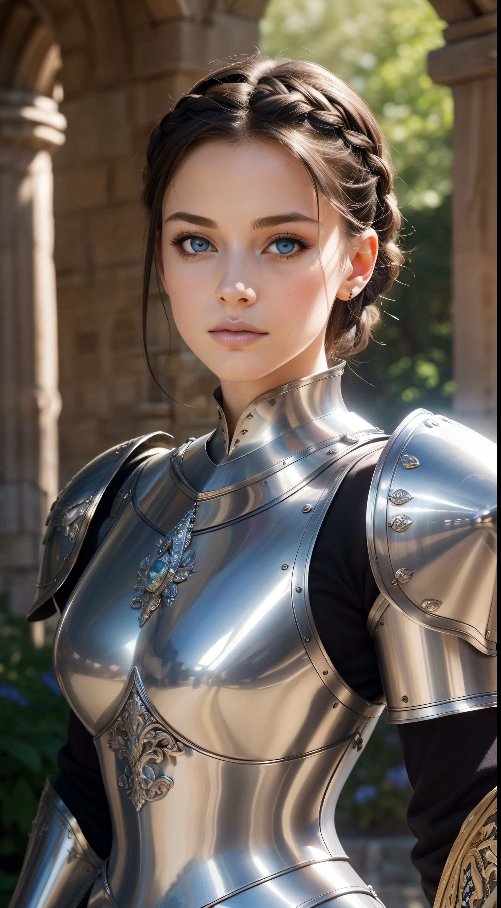 (masterpiece, best quality),(extremely intricate:1.3), (realistic), 1girl, 18 year old, caucasian, green eyes, perfect eyes, perfect iris, perfect pupils, perfect lips,perfect nose, perfect hands, very detailed hands, perfect fingers, black hair, short hair, straight hair, small braid in her hair, (medieval armor), metal reflections, (((silver armor))), outdoors, far away castle, (ornately decorated armor), (insanely detailed, bloom:1.5), chainmail, intense sunlight, professional photograph of a stunning woman detailed, sharp focus,  award winning, cinematic lighting, blurry background, upper body, ((confident)), (Pose:looking at the camera)