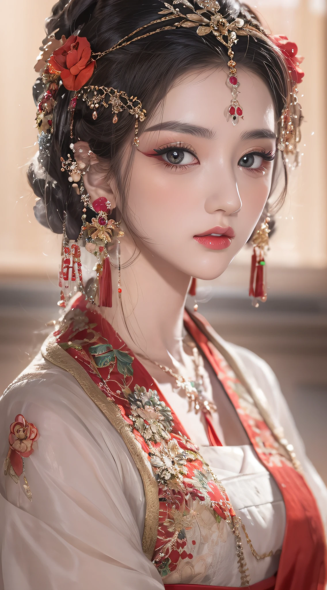 1 Very beautiful queen Medusa dressed in Hanfu, Thin red silk shirt，With many yellow patterns, Black lace top, Long hair dyed black, beautiful hair ornaments, Extremely detailed and delicate jewelry, Gold jewelry, Red ruby set necklace, Nice face Beautiful, Perfect face, Earring jewelry, Head and hair ornaments, Antique jewelry, Big eyes, Sharp eye makeup, Fine makeup eyelashes, Thin eyebrows, High nose, Nice red lips, no smile, ((Closed mouth:0.9)), pursed lips, rosycheeks, Breast augmentation, Round lift breasts, Moderately large breasts, Well-proportioned breasts, Slim waist, Slim waist, Red mesh stockings with black lace, chinese hanfu style, Fictional art patterns, The colors are vivid and true to life, RAW photos, Realistic photos, ultra high quality 8k surreal photos, Cool photos, (Virtual light effects: 1.8), 10x pixel, Magic effects (Background): 1.8), opens his eyes wide, Super detailed eyes, Beautiful girl body portrait, Girl Alone, ancient hanfu background, head straight-looking at viewer, Wide original photo, 8K quality, Super sharp, Detailed and clear pictures are best, Detailed light background,