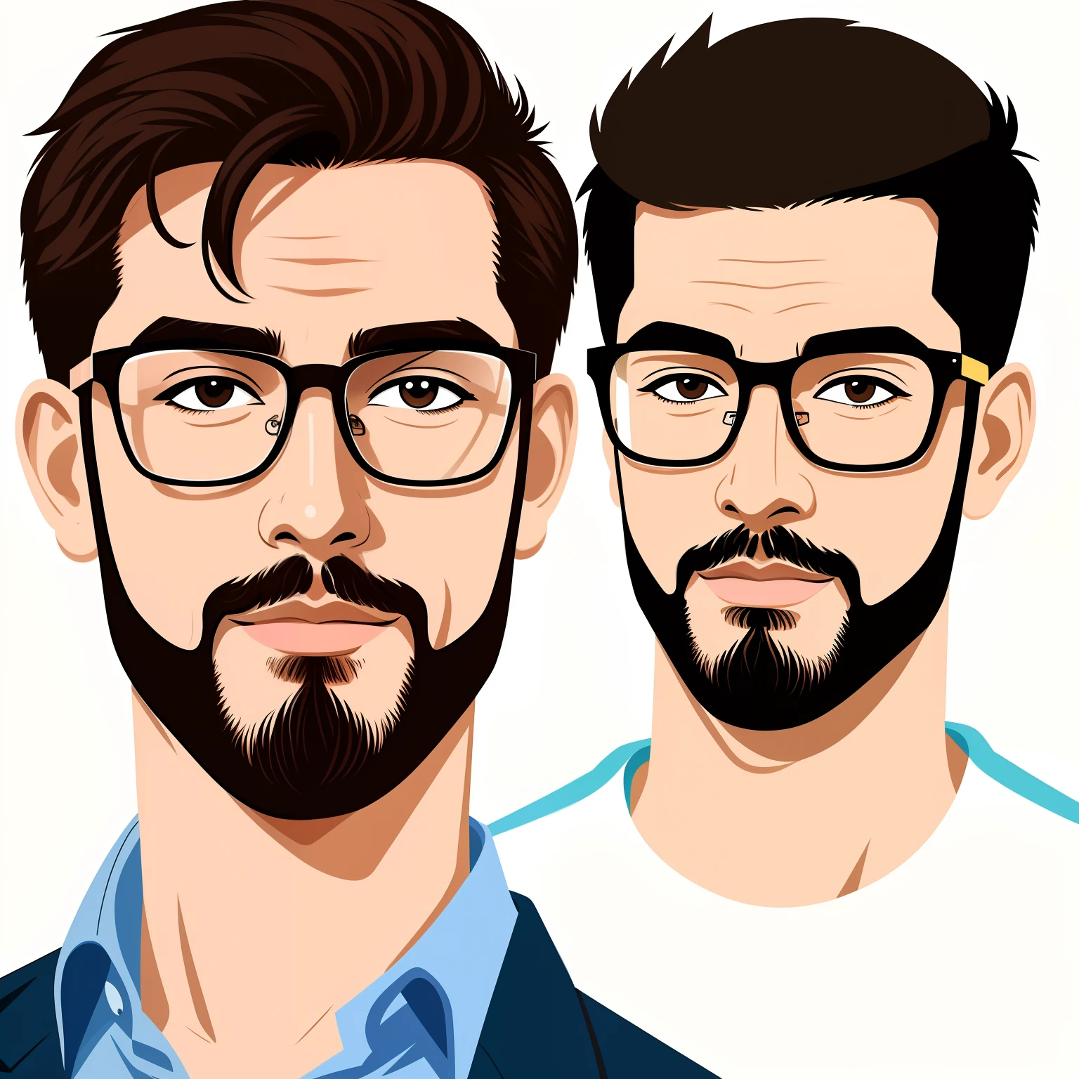 illustration of a man with glasses, wearing a goatee, short hair, brown eyes, cartoon style