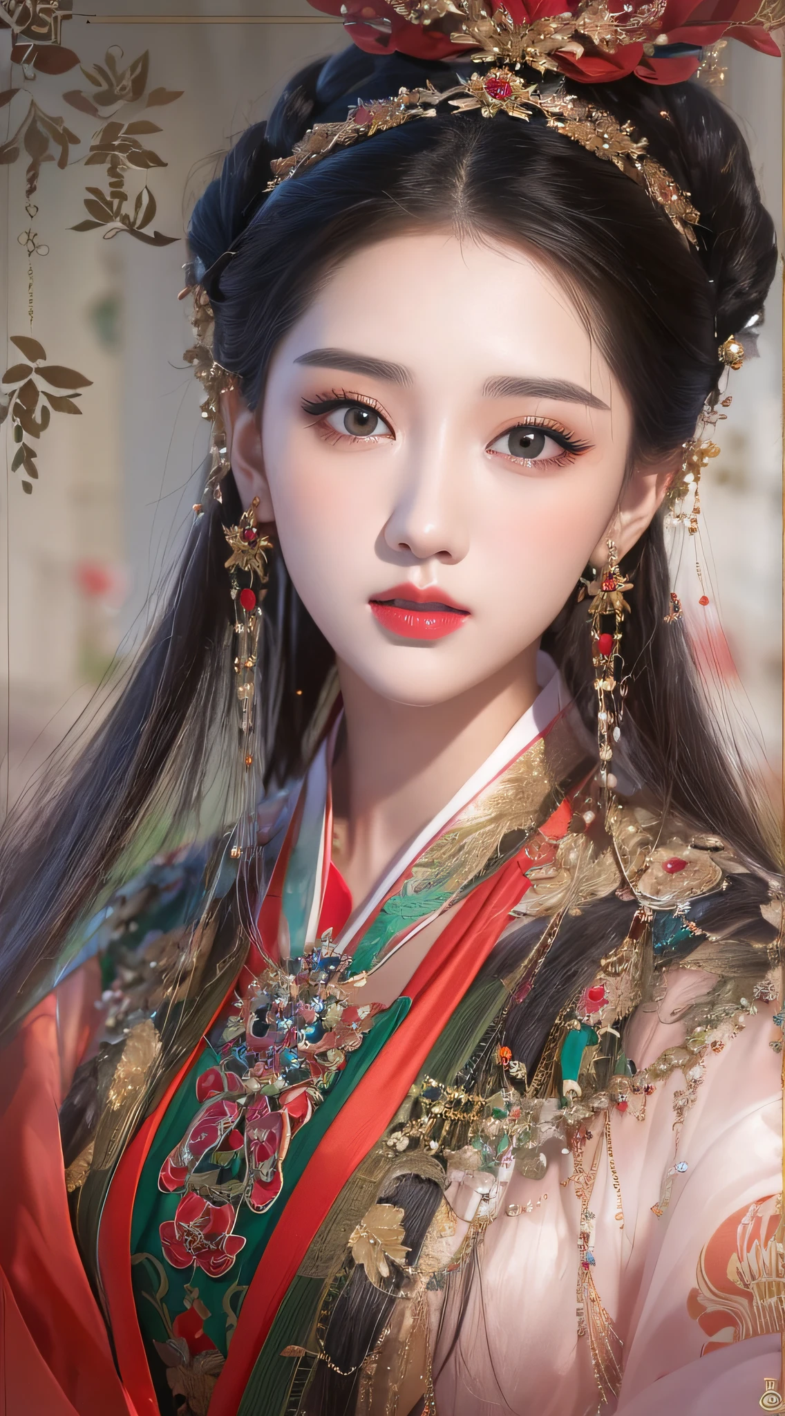 1 Very beautiful queen Medusa dressed in Hanfu, Thin red silk shirt,With many yellow patterns, Black lace top, Long hair dyed black, beautiful hair ornaments, Extremely detailed and delicate jewelry, Gold jewelry, Red ruby set necklace, Nice face Beautiful, Perfect face, Earring jewelry, Head and hair ornaments, Antique jewelry, Big eyes, Sharp eye makeup, Fine makeup eyelashes, Thin eyebrows, High nose, Nice red lips, no smile, ((Closed mouth:0.9)), pursed lips, rosycheeks, Breast augmentation, Round lift breasts, Moderately large breasts, Well-proportioned breasts, Slim waist, Slim waist, Red mesh stockings with black lace, chinese hanfu style, Fictional art patterns, The colors are vivid and true to life, RAW photos, Realistic photos, ultra high quality 8k surreal photos, Cool photos, (Virtual light effects: 1.8), 10x pixel, Magic effects (Background): 1.8), opens his eyes wide, Super detailed eyes, Beautiful girl body portrait, Girl Alone, ancient hanfu background, head straight-looking at viewer, Wide original photo, 8K quality, Super sharp, Detailed and clear pictures are best, Detailed light background,