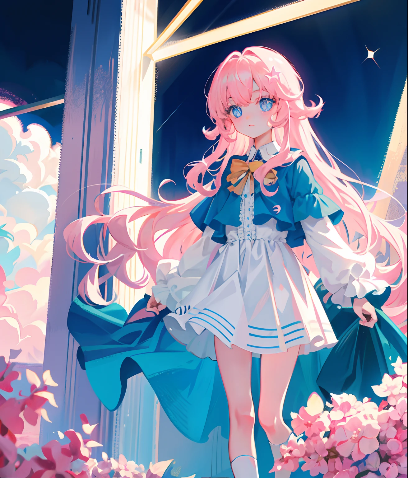 Light pink slightly curly long hair, bright light blue eyes, star-like pupils, girly
