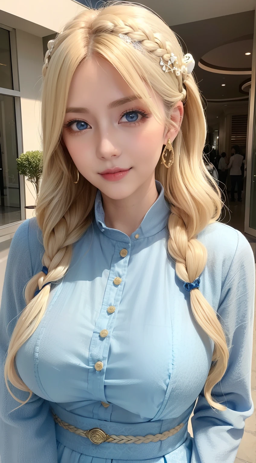 Female((35yo)), Hair((Wavy, Blonde)), Eyes((Smart eyes, Blue eyes)), clothes((Maxmara, Pattern, cream-colored)), Accessories ((Hair ornaments)), pony tails, Bigboobs, gigantic cleavage breasts, Korean makeup, Smiling, An amusement park, fountain,