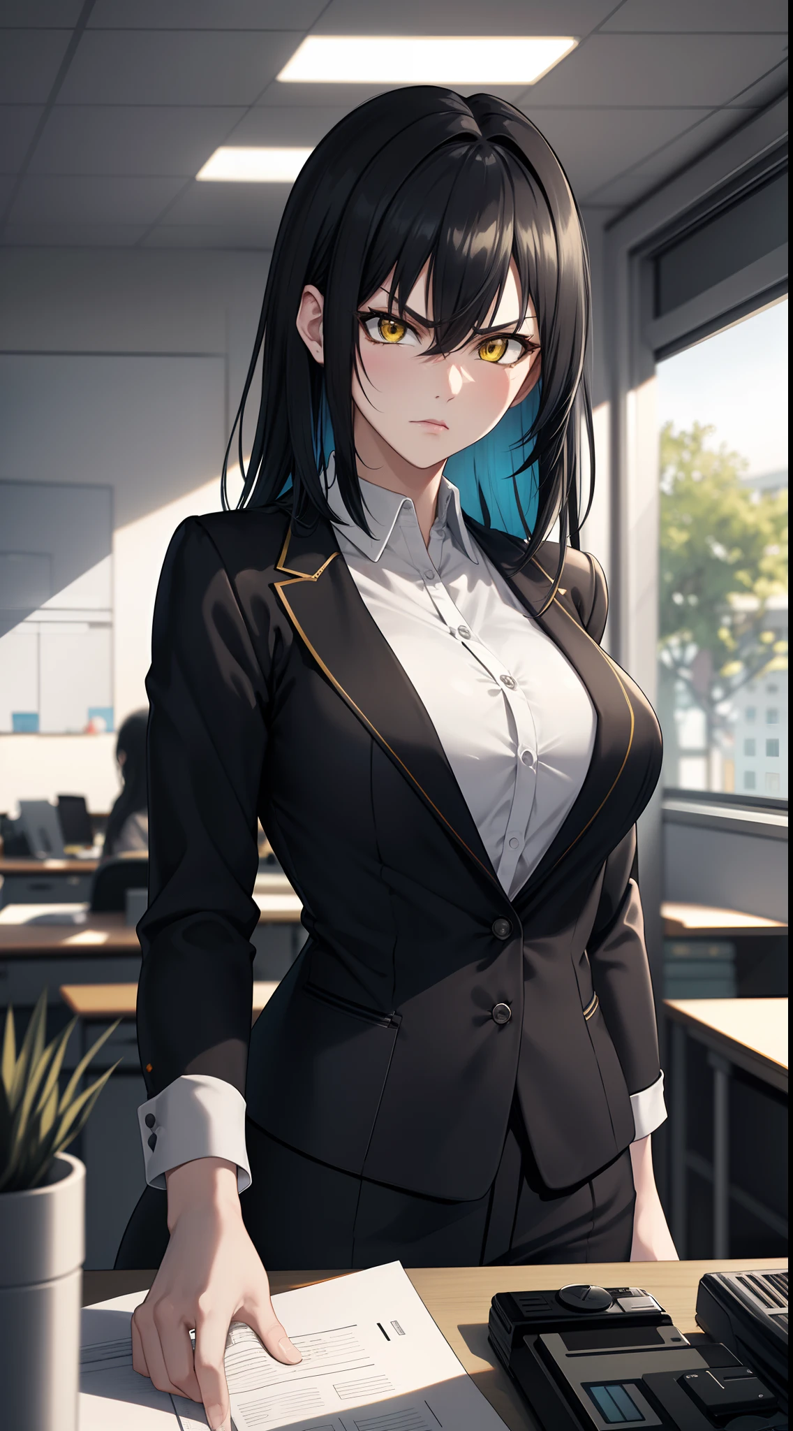 professional artwork, Intricate Details, field of view, sharp focus, detailed painting, photorealistic lighting, trending on pixiv,(masterpiece:1.0),(best_quality:1.0), ultra high res, ultra-detailed, photography, 8K, HDR, highres, absurdres:1.2, Kodak portra 400, film grain, sharp focus, bokeh:1.2, lens flare, (vibrant_color:1.2), (((indoors, office details))), Annerose, 1girl, female mature, black hair, long hair, (yellow eyes), large breasts, white office suit, higheels, soft skin, hair intakes, (solo:1.4), (upper body, half body shot, covered breasts), angry and shy, angry and shy face