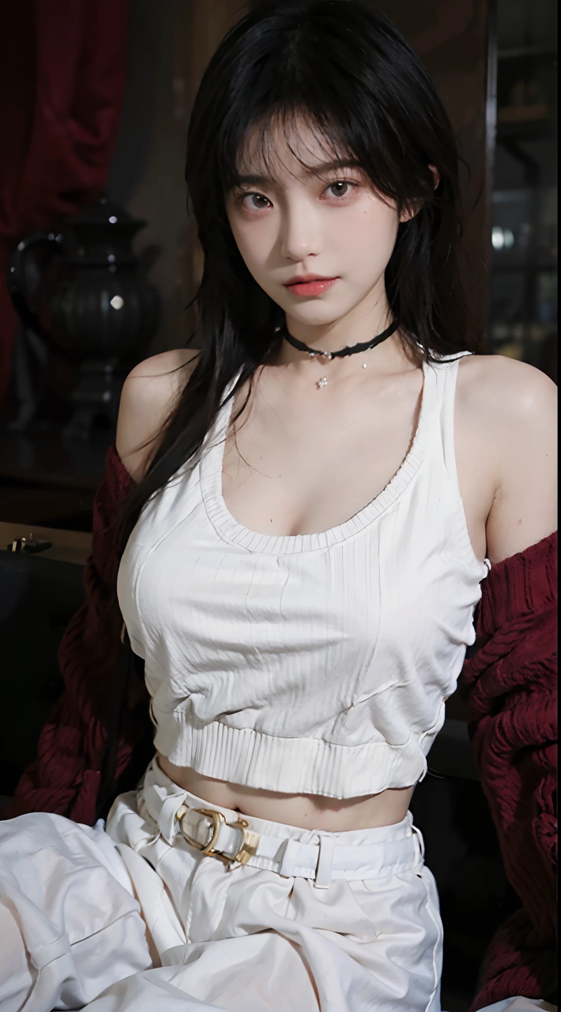 best qualtiy， 超高分辨率， （realisticlying：1.4），Baoyu Girl，1girll, with long coiled hair，Looking into the distance，gigantic cleavage breasts，Cropped red sweater，a sense of atmosphere，Beautiful woman with a slim figure:1.4, Abs，Ultra-fine face，Elaborate Eyes，二重まぶた，choker necklace