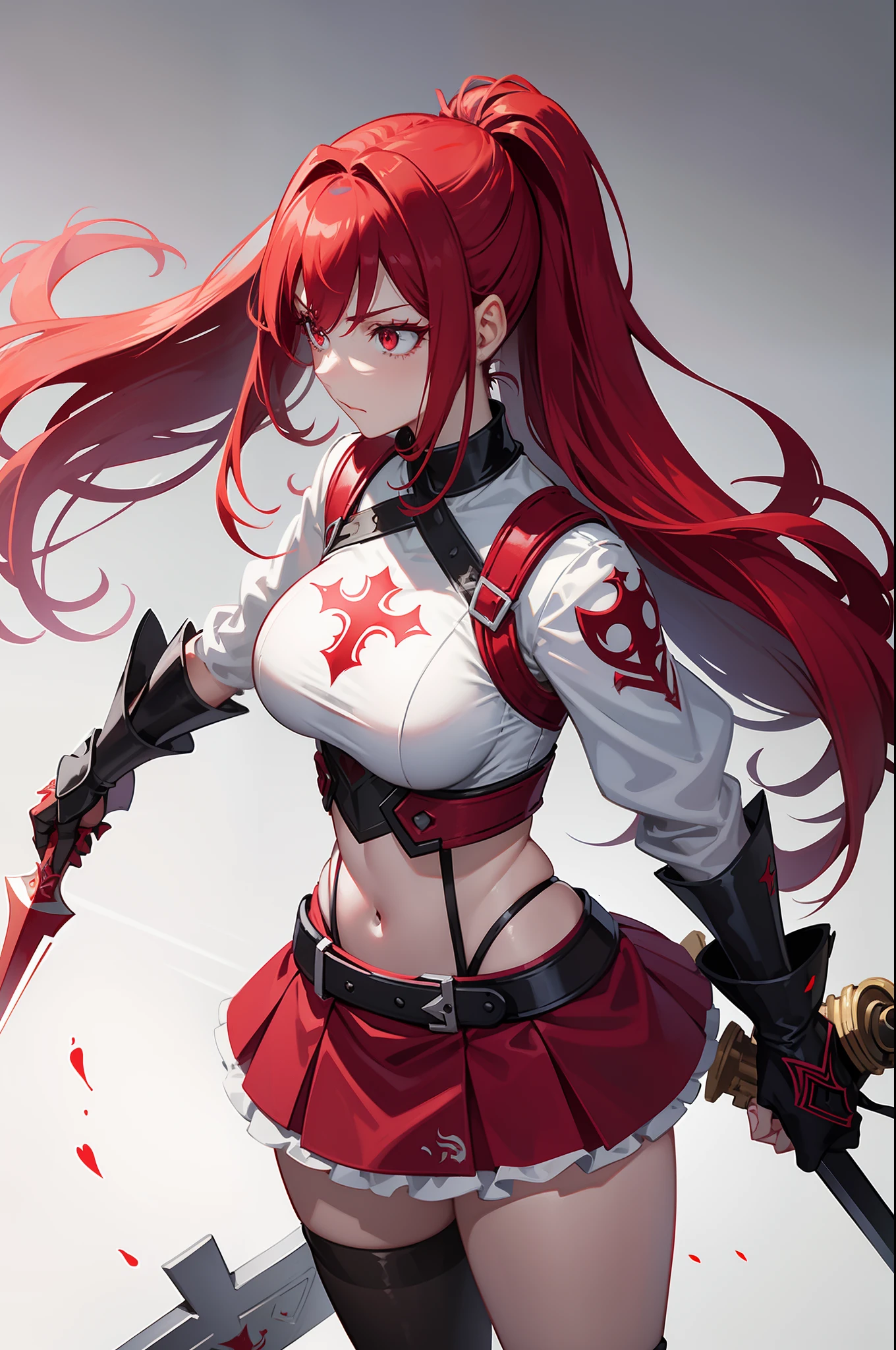 erza scarlet, half silver color steel breast plate with a cross pattern, bright red pupil, super mini battle skirt, holding giant silver boardsword, high pony tail, perfect body shape, 16k, sharp angel aura, steel hand glove, holy tattoo, long silk leggings, scarlet red color hair，silver color stylish Pauldrons