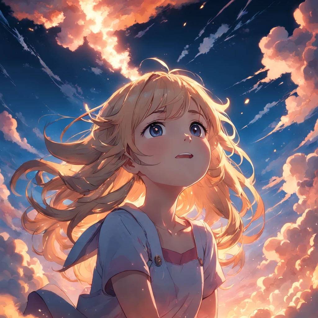 masterpiece, best quality, movie still, 1girl, cloud girl, floating in the sky, close-up, bright, happy, warm soft lighting, sunset, (sparks:0.7)