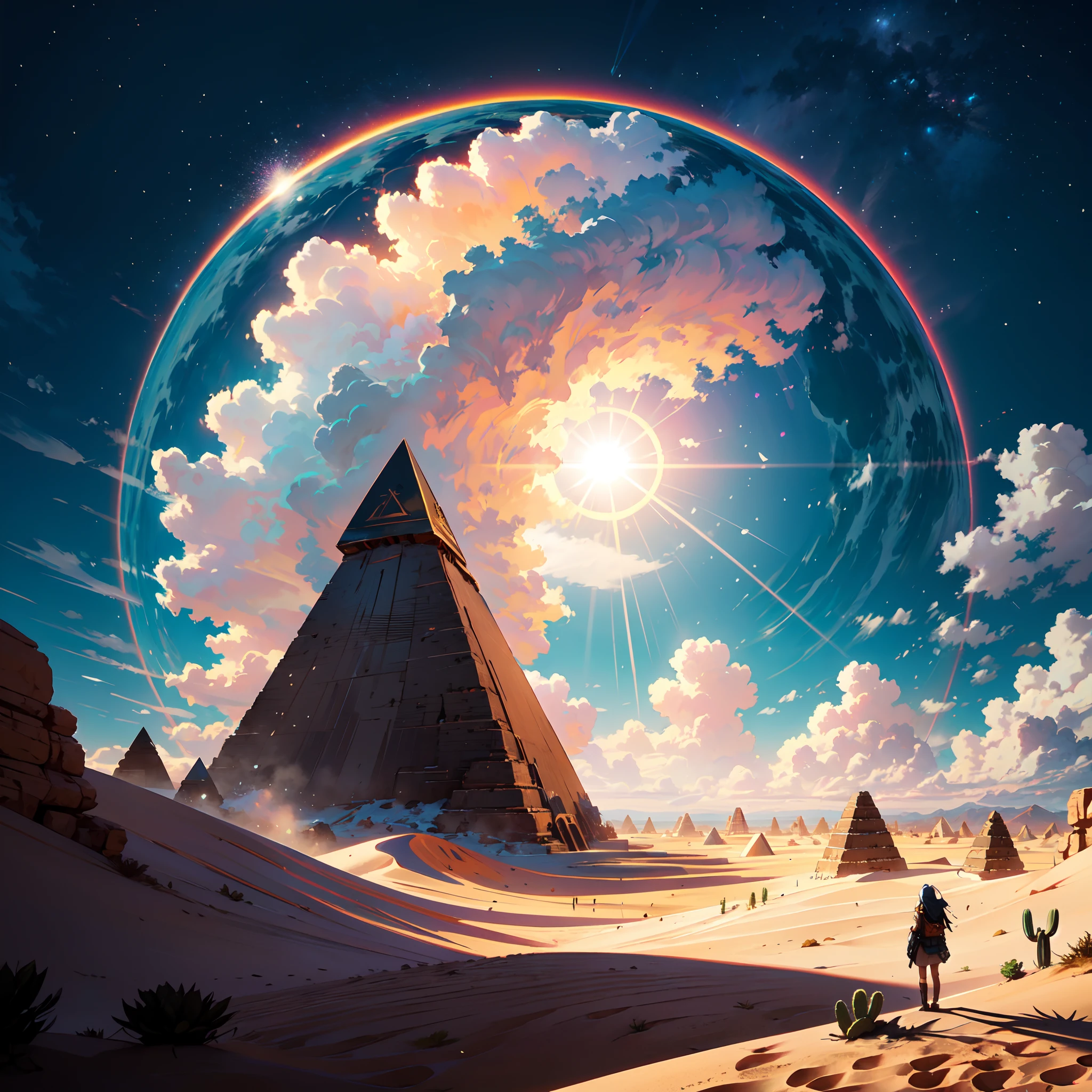 "((ultra wide angle)),A girl standing on a rock, gazing at the immense golden sand desert with a radiant sun overhead, lots of sand,against a backdrop of a clear sky adorned with fluffy clouds. Surrounding her, small cacti dot the landscape, and in the distance, a magnificent golden pyramid rises. This artwork is a true masterpiece, capturing every intricate detail, and it is currently trending on ArtStation due to its outstanding quality."