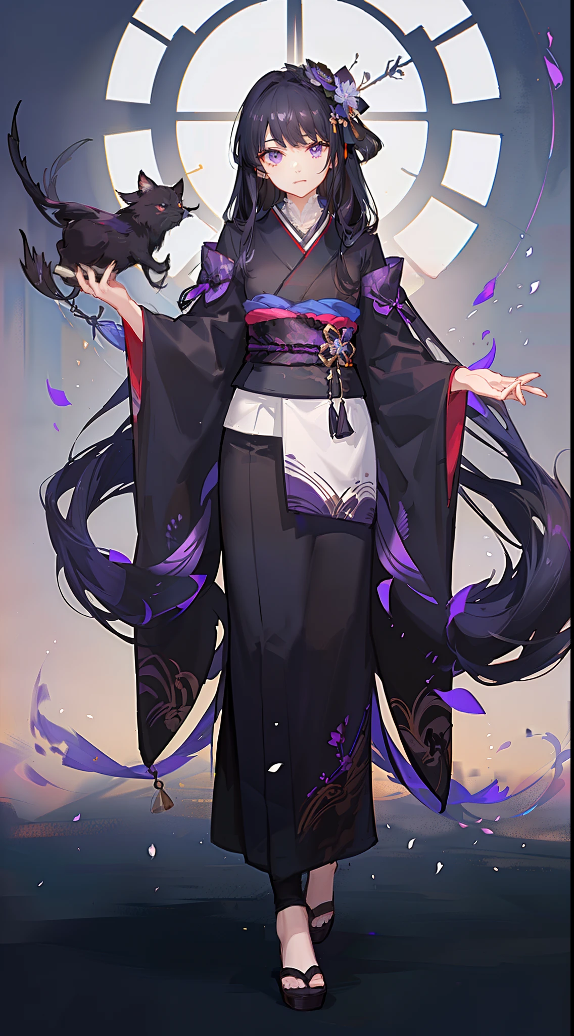 adult man, long black hair, violet eyes, Thin, black kimono, Masterpiece, hiquality