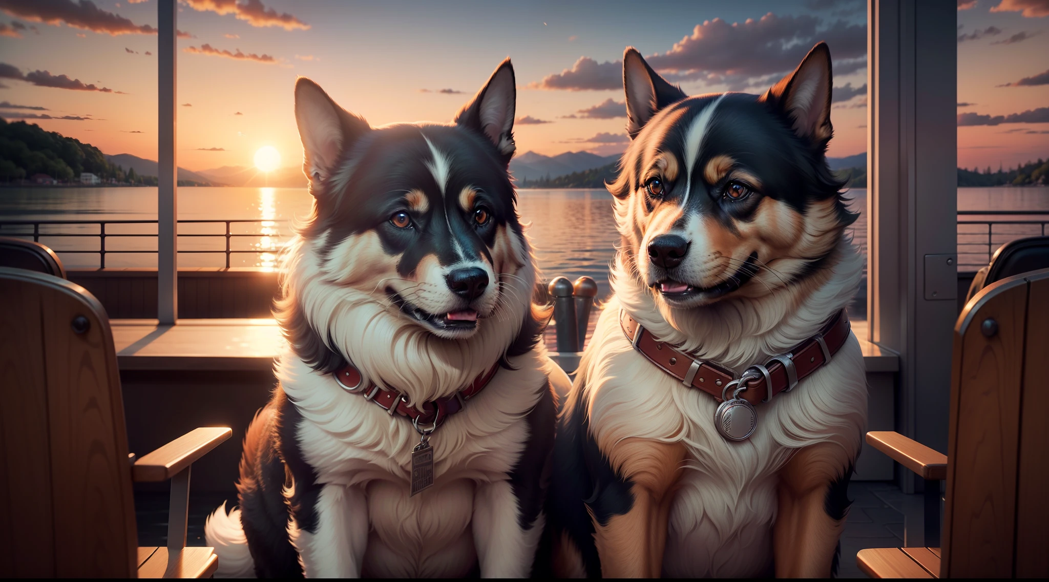 cinema poster, lakeside, cinematic, beautiful, botanical, dog, organic, cozy, emotional, sunset