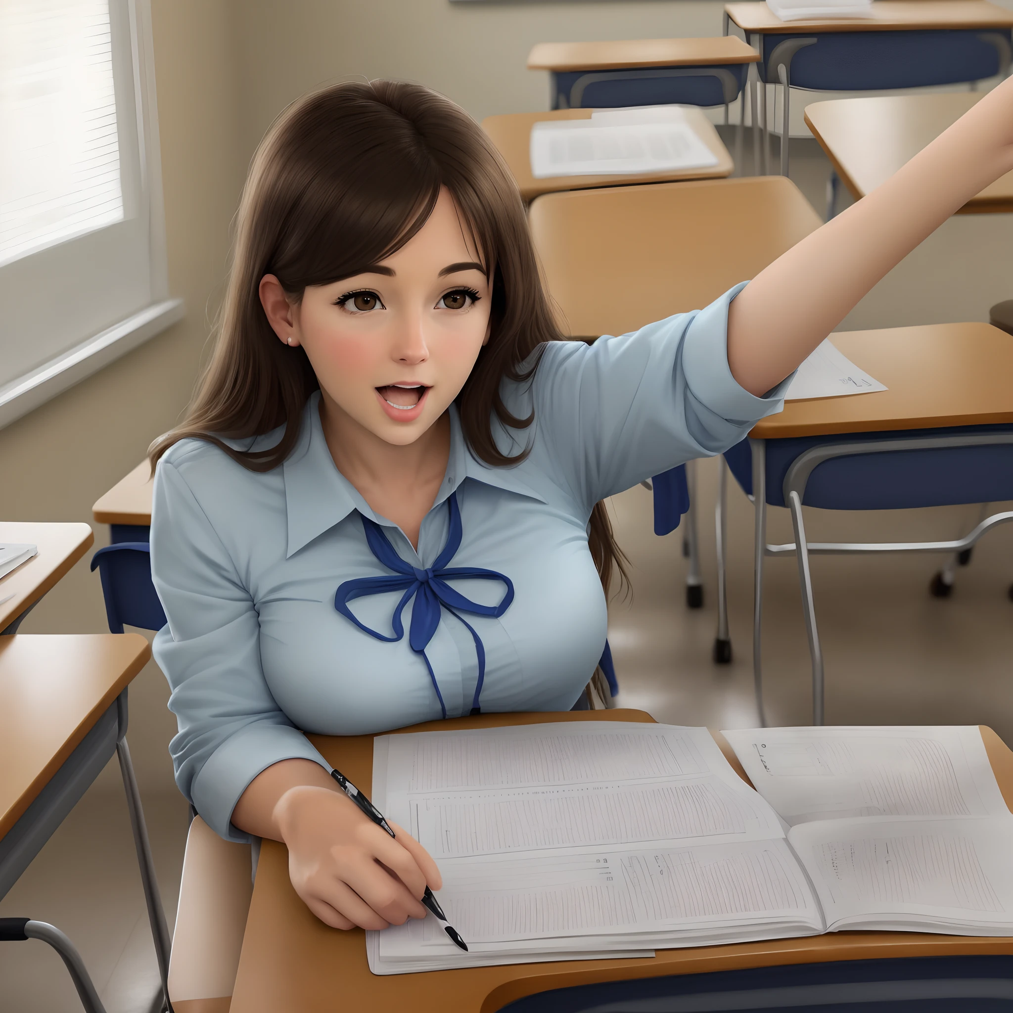 ((1 boy and 1 girl alone in a classroom)), makup, Cute beautiful sexy 15 year old populer girl at school asking her crush out, cleaveage,15 year old handsome boy. Medium perfect perky, slim, boy with exited expression standing in front of her, boy looking At girl, girl with a seductive grin, boy holding naked girl at hips,seductive smirk, girl has blue eyes and brown hair, naked, no cloathes, nice ass, perfect body, bubble butt