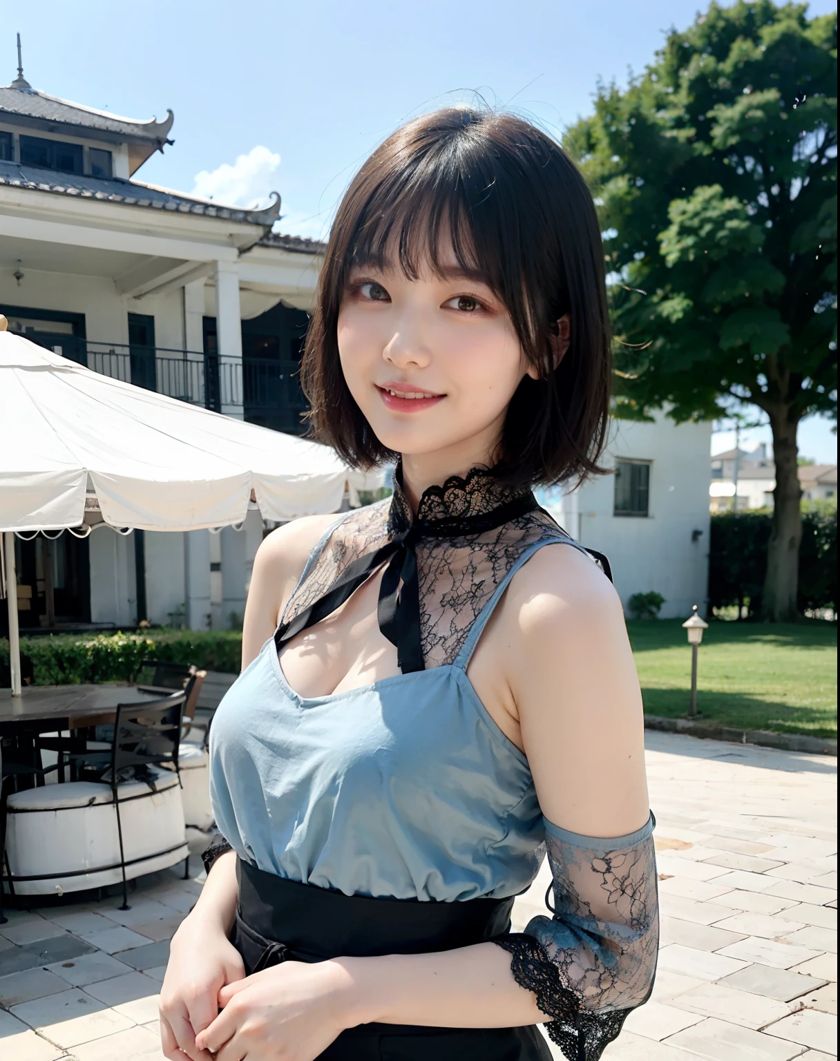 (top-quality,​masterpiece:1.3,超A high resolution,),(ultra-detailliert,Caustics,8K),(Ultra-dense muscle,Photorealsitic:1.4,RAW shooting,),(Hang the shoulder bag diagonally from your shoulders and pinch it between your cleavage:1.2),(White knitted dress),Facing the camera,1 girl,japanes,20yr old,kawaii,A dark-haired,Shorthair,(large boob),looking happy smile,Ginkgo in autumn leaves,Looking at the camera,(facing front:1.1),natural soft light,,breasts forcus,Half shot