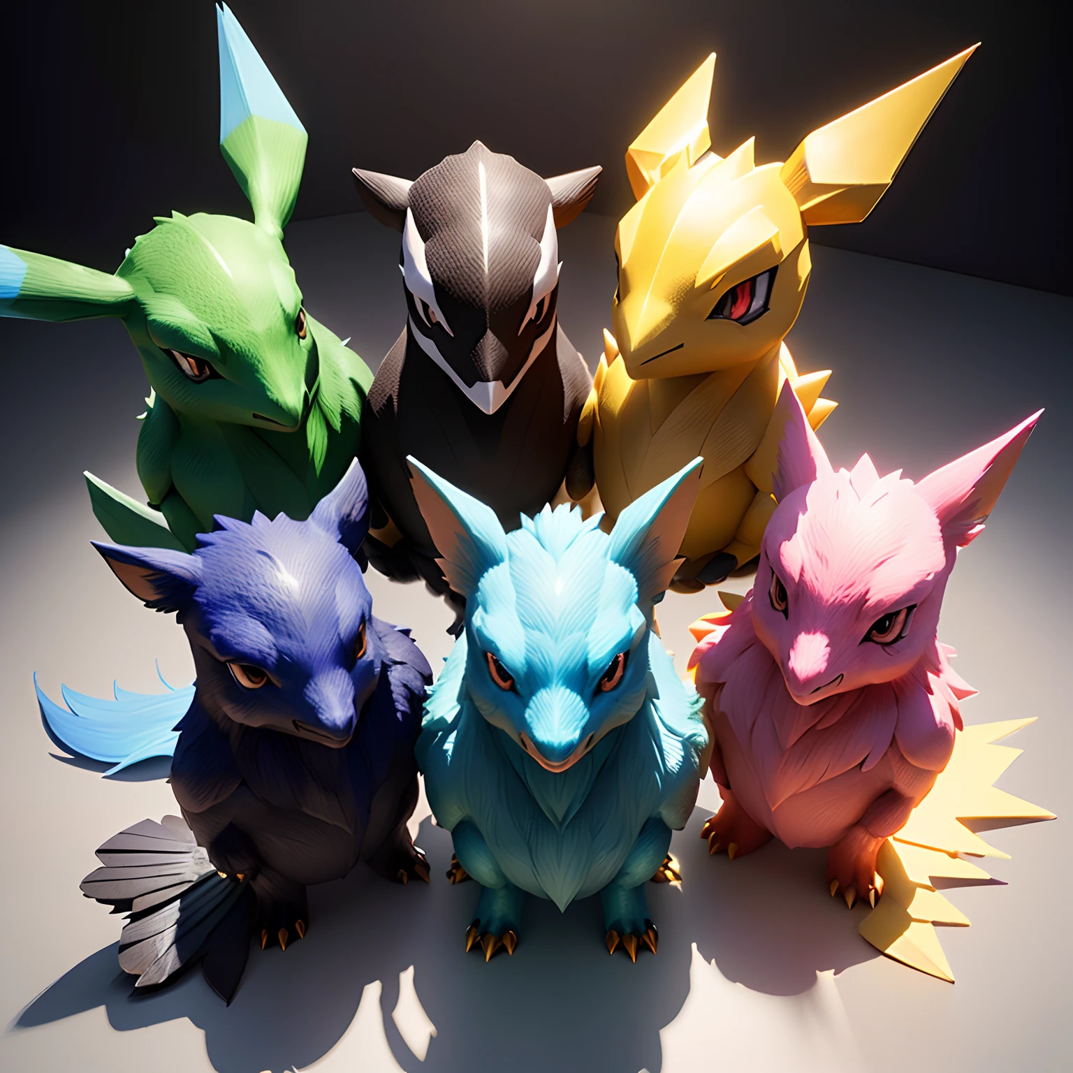 Hyper-realistic 3D rendering of a group of colorful Pokémon, each with its own unique color and design, by artist Tomasz Jedruszek, (8k), concept art, digitally painted