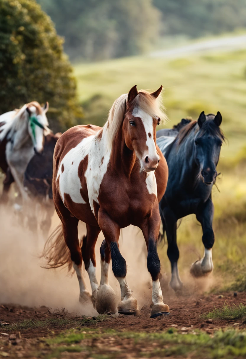 Crie uma imagem de uma bela fazenda, com cavalos Paint Horse correndo livremente em um vasto campo aberto.