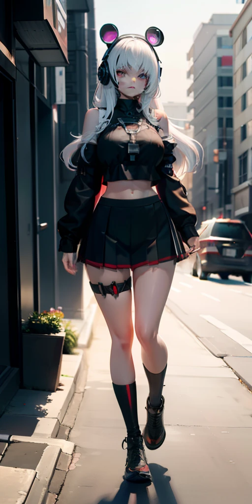 GameCG, masutepiece, Best Quality, tall, Clearlyle 2, 1girl in, sister cleaire, Only, Long hair, Open sexy clothes, Black skirt, Long sleeves, Chest Harness, Black shirt, twosideup, Bangs, croptop, Miniskirt, shoes, Futuristic headphones, O-ring, Midriff, Black and white hair, different colored eyes, off shoulders, Big breasts, Thigh strap, Pleated skirt, Eye brace, Perfect eyes, cropped shirt, Street,