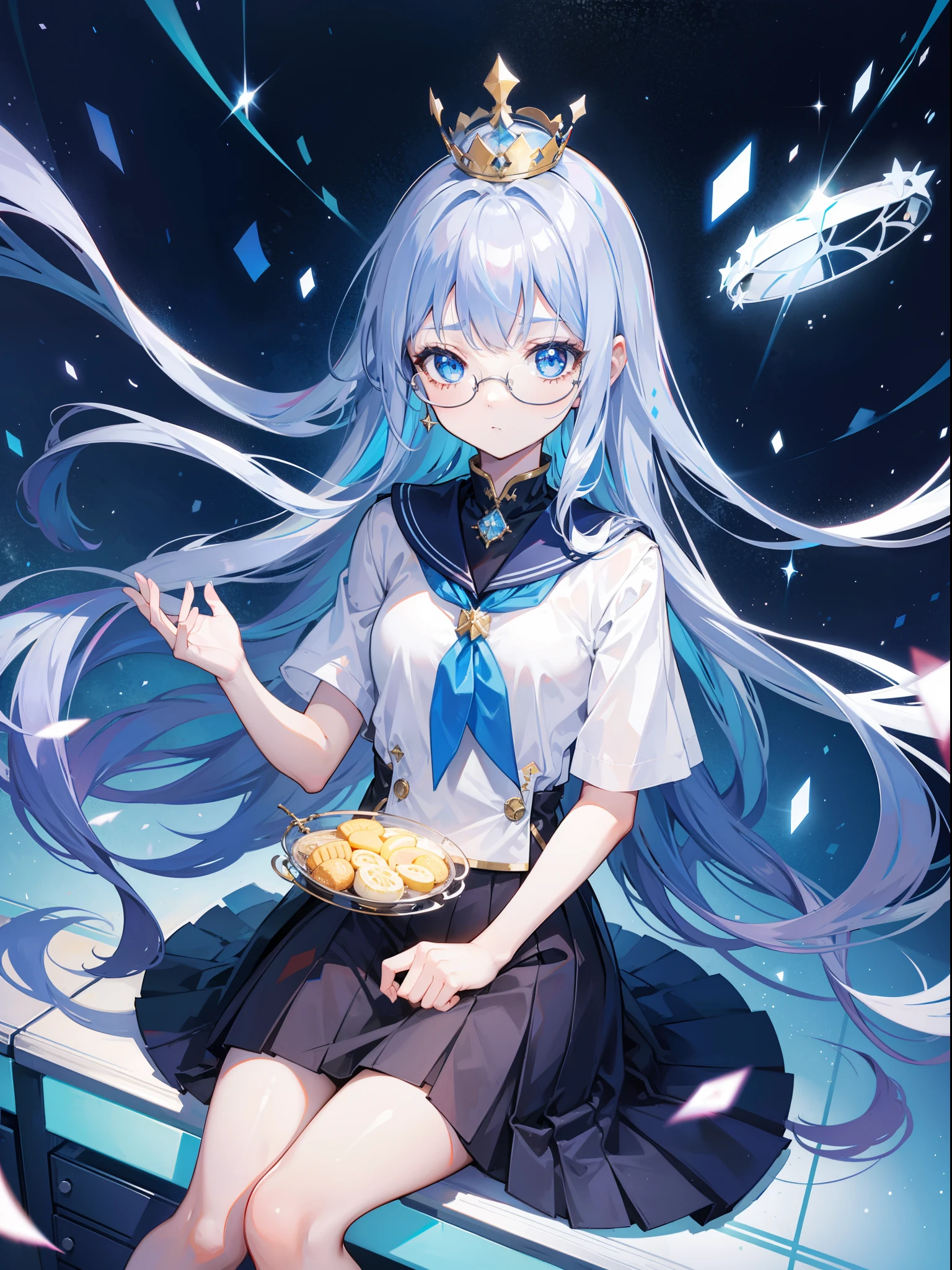 1girl, skirt, sit on very small desk, navy very long curvy hair, big round glasses, pretty, flat expression, limp face, low angle, perspective, looking down,cetus,coda, multicolored hair, sky blue eyes, light particles, wallpaper, princess crown, beautiful clothes, no emotions, princess, diamond pendant, standing, light crown,