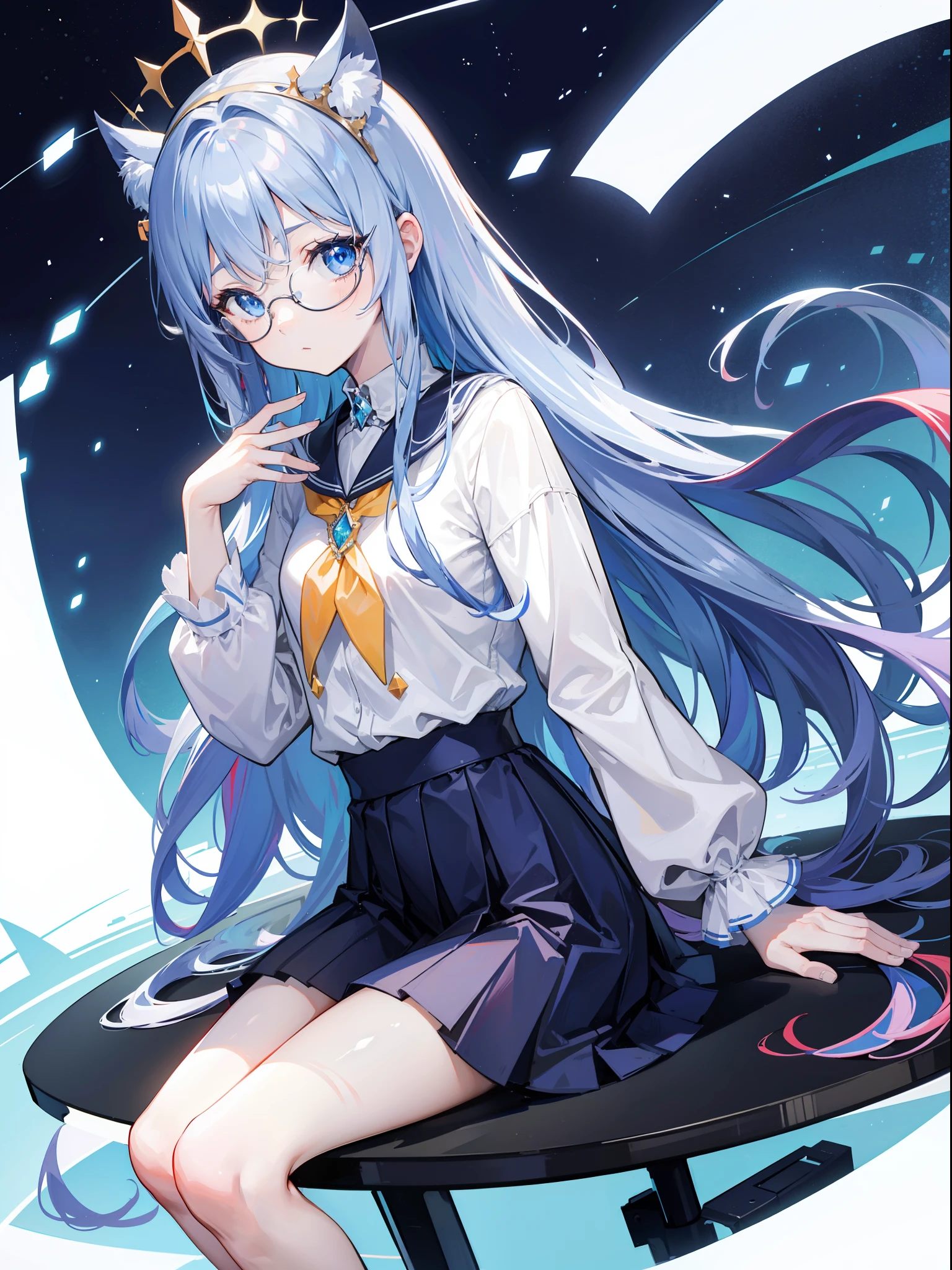 1girl, skirt, sit on very small desk, navy very long curvy hair, big round glasses, pretty, flat expression, limp face, low angle, perspective, looking down,cetus,coda, multicolored hair, sky blue eyes, light particles, wallpaper, princess crown, beautiful clothes, no emotions, princess, diamond pendant, standing, light crown,