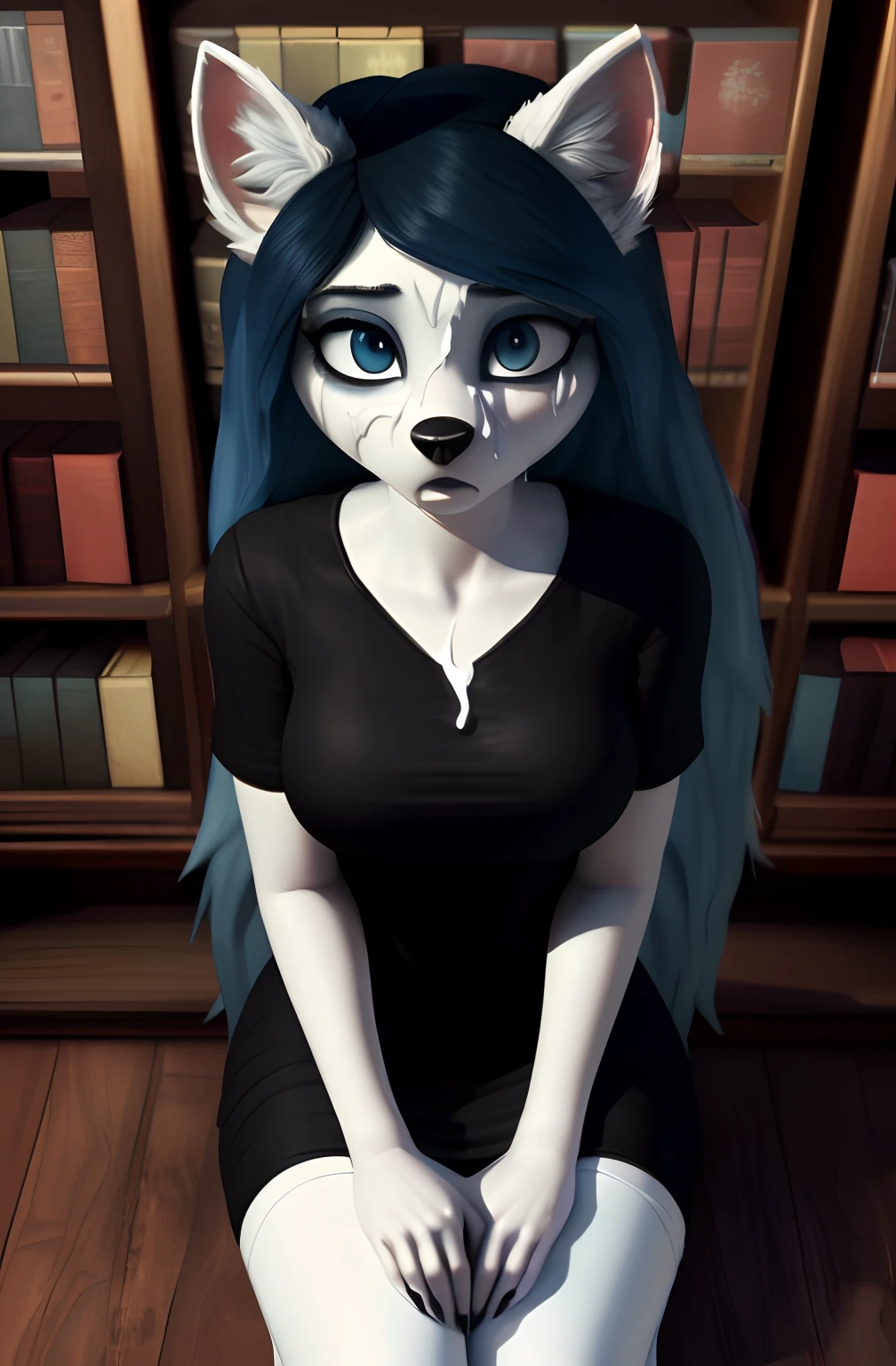 [Claire (the summoning)], [Uploaded to e621.net; (Pixelsketcher), (wamudraws)], ((masterpiece)), ((1girl)), ((solo portrait)), ((full body)), ((above view)), ((feet visible)), ((furry; anthro)), ((detailed fur)), ((detailed shading)), ((beautiful 3D art)), {anthro; (white fur, black nose), long blue hair, (bang over left eye), dark blue slit eyes, (black claws), (cleavage), (white fluid on face and chest)}, {(short sleeve black white-collared shirt), (tight short bodycon dress), (thigh-highs), (barefoot)}, {(on knees), (hands in lap), (looking up)}, [background; (library), (bookshelf)]