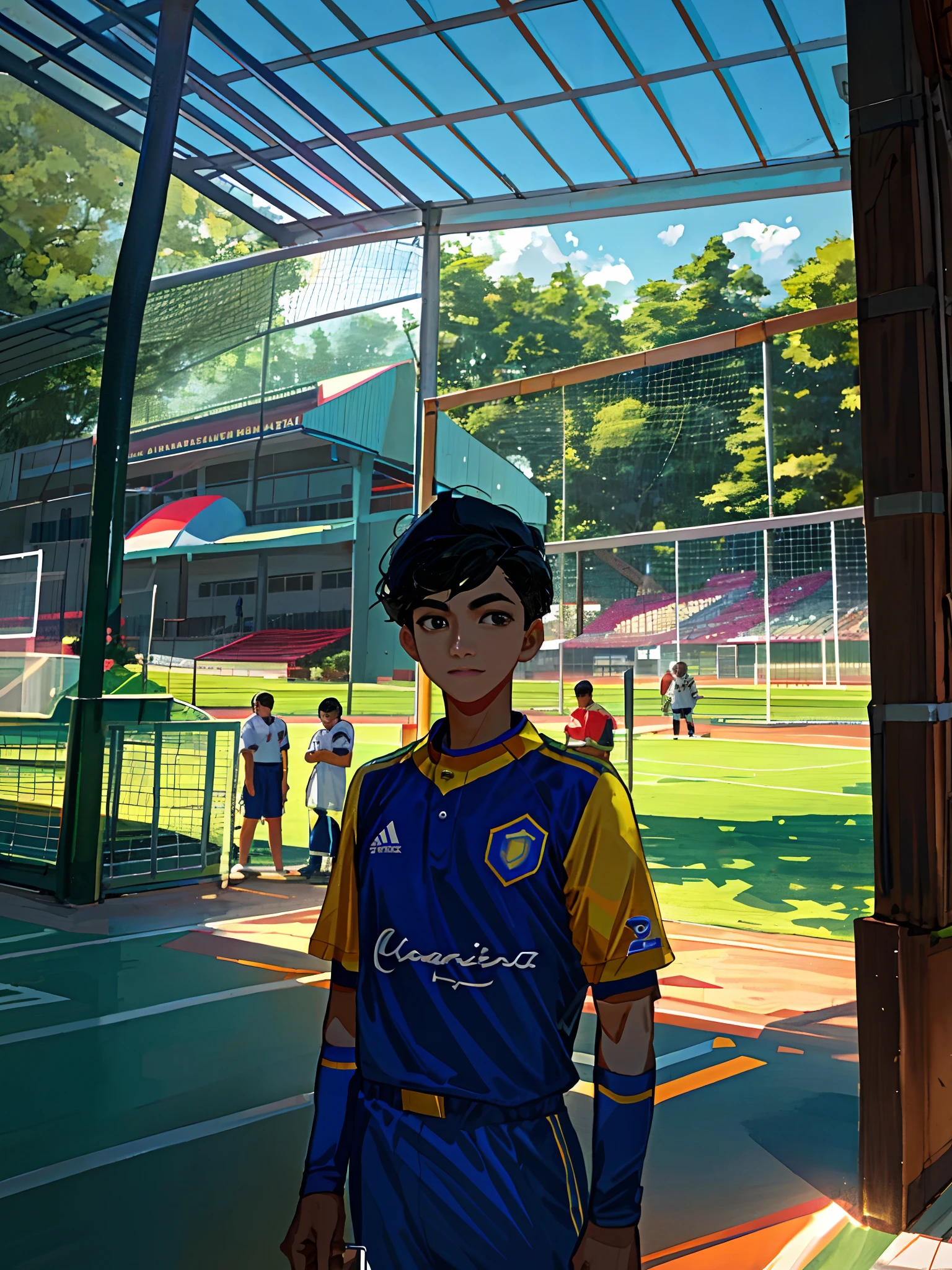 there is a young boy standing in a baseball uniform, thawan duchanee, mohamed chahin style, wearing a school soccer uniform, captured on iphone, old picture, nivanh chanthara, wearing a volleyball jersey, with a park in the back ground, mohamed chahin, shot on iphone 1 3 pro max, taken with the best dlsr camera