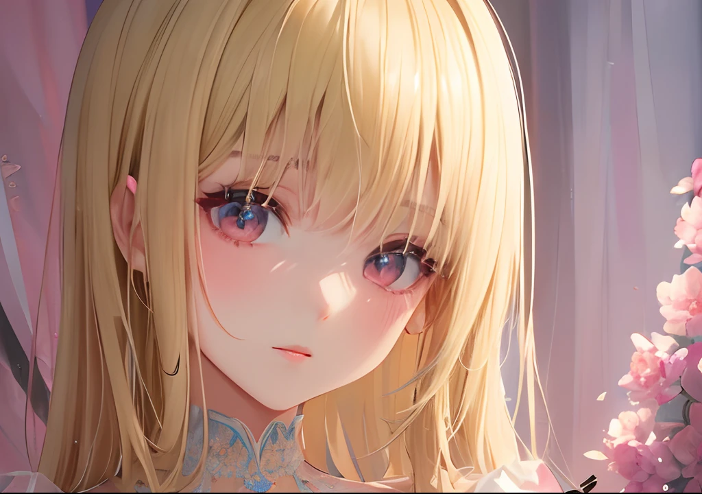 (masterpiece),((top-quality)),(offcial art),(Beautiful and indulgent:1.2),(1girl in:1.3),Facial expressions that close the eyes,Small breasts,((Blonde Beauty)),Background Pink,breasts are small、BREAK,Beautiful woman in pink dress,Transparency,bob cuts,Detailed drawing。Vibrant colors。colourfull、viewersviewing,highestdetailed ((ultra-detailliert)),(Highly detailed 2D illustrations),((Extremely delicate and beautiful))Super Detail