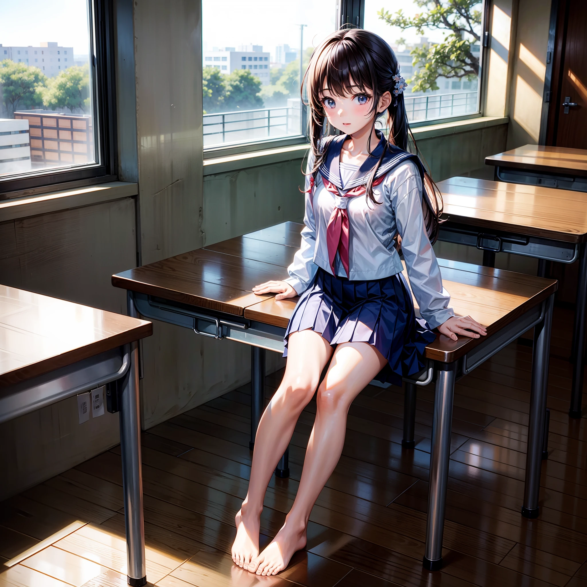 1girll,校服,The barefoot,inside a classroom