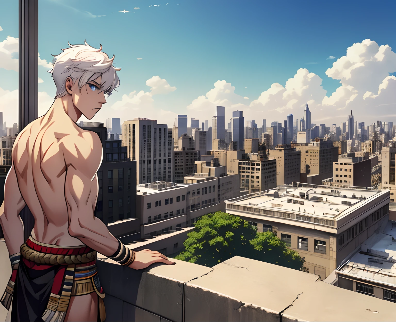 whaite hair, short detailed hair, -yeld boThe back of the half-breed shows white hair, eBlue eyes , Look at the city, Anime image of a 15-year-o ma top a building in New York , Looks like a sad and confused city, From the top of the school., White-haired mixed-race face, eBlue eyes,Shirtless Egyptian tribal clothing, Ancient Egyptians looked out from the top of a high school to a distant city of sorrow , , anime movie screenshot
