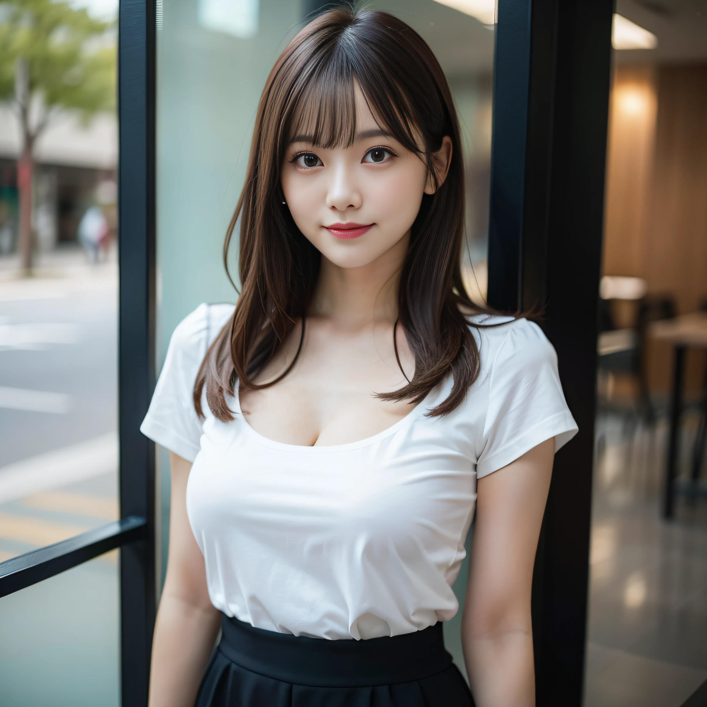 Beautiful black eyes、dual、natural skin textures:1.8, realistic eyes and face details:1.7、middlebreasts、in 8K,Best Quality:1.4, 超A high resolution:1.5, (Photorealistic:1.4),masterpiece:1.2,(top-quality:1.4)、 Raw photo、 (the background is blurred), 1日本人の女の子, Cute, FULL BODYSHOT:1.6、beauty legs、tight skirts、(Solo:1.4), (Shy smile), Smooth skin、 (Brown medium hair,Bangs),nogizaka,Beautiful body, medium breasts, Breast cleavage, Navy Business Suit,Office, Secretary, White T-shirt, ID Card Holder, ID Badge Holder,president’s office