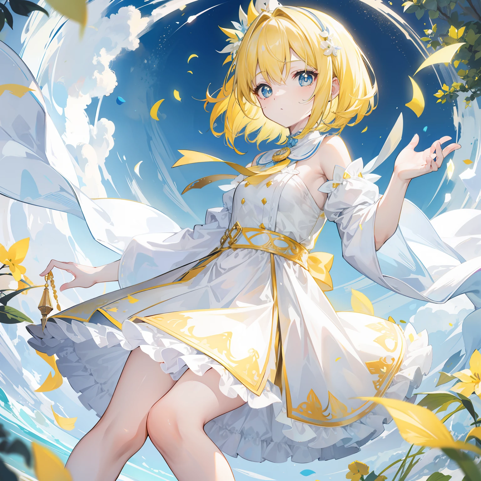 Short bright light yellow hair,Pale yellow pupils,There are some light blue ornaments,Cute and cute girl,shift dresses