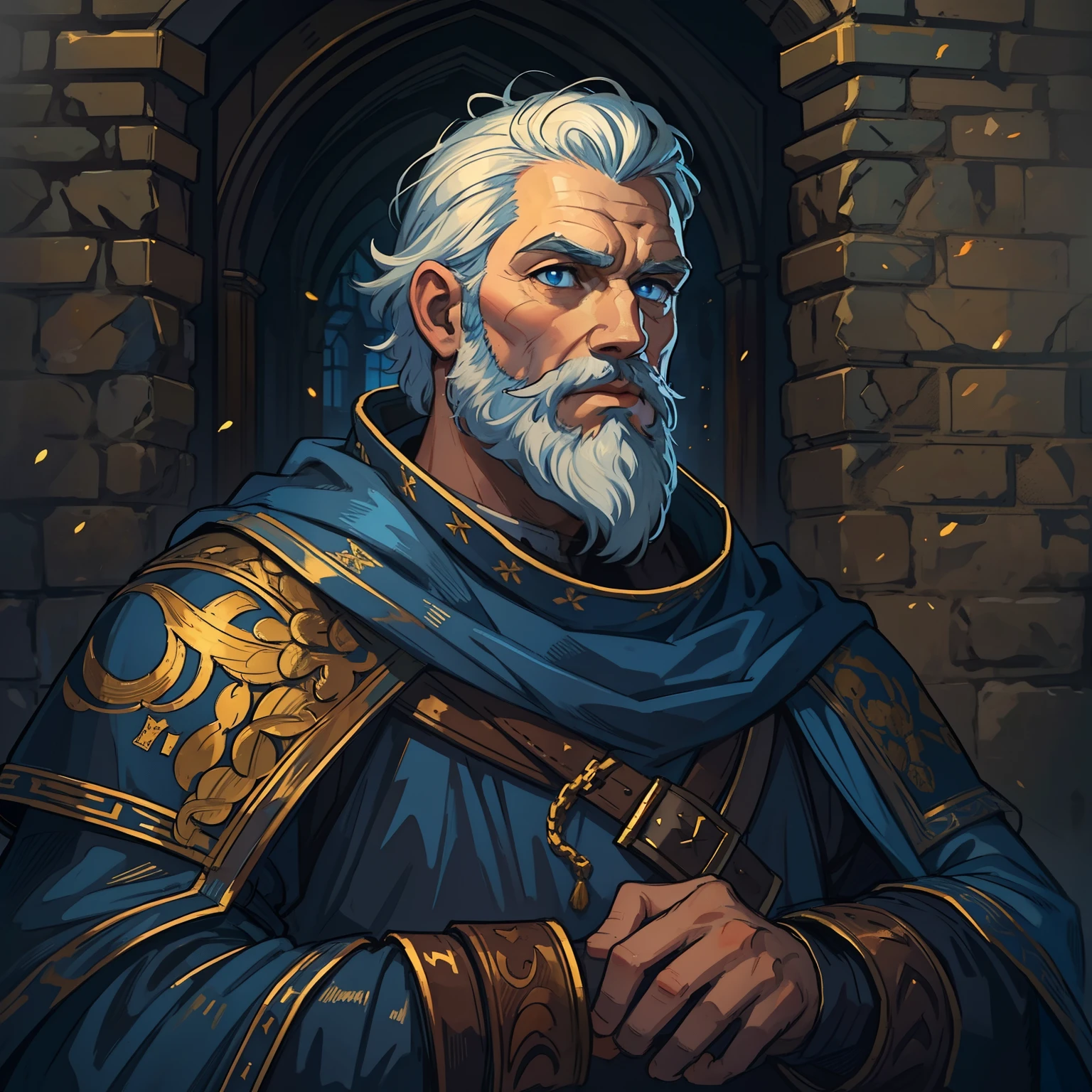 A king man with short, white hair, thick beard and blue eyes, he is dressed blue and gold in elegant costumes of a medieval king in a rocky, medieval and shadowy castle, he is in a shadowy castle, the castle has dark colors and little light, a castle with warm, dark colors and fire in a medieval art, rpg, illustration, rpg, medieval art, a man not so old 40 years old in a Approximate image as a real portrait profile picture the man's face