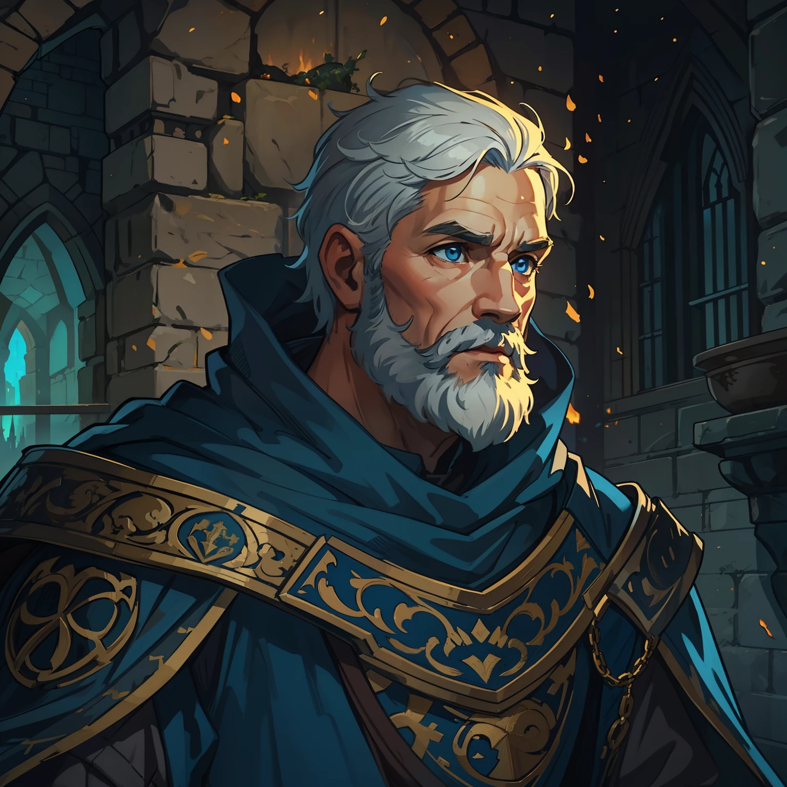 A king man with short, white hair, thick beard and blue eyes, he is dressed blue and gold in elegant costumes of a medieval king in a rocky, medieval and shadowy castle, he is in a shadowy castle, the castle has dark colors and little light, a castle with warm, dark colors and fire in a medieval art, rpg, illustration, rpg, medieval art, a man not so old 40 years old in a Approximate image as a real portrait profile picture the man's face