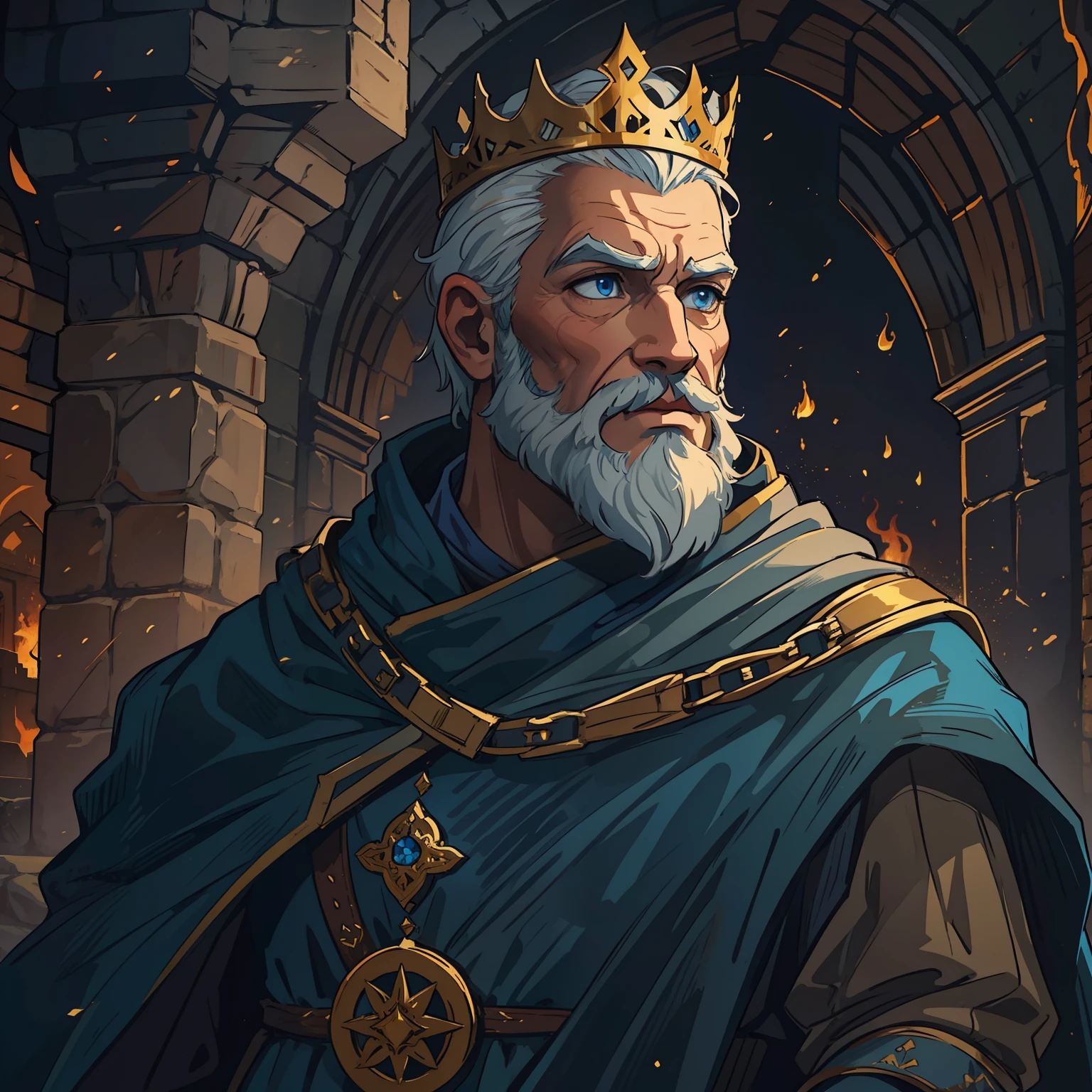 A king man with short, white hair, thick beard and blue eyes, he is dressed blue and gold in elegant costumes of a medieval king in a rocky, medieval and shadowy castle, he is in a shadowy castle, the castle has dark colors and little light, a castle with warm, dark colors and fire in a medieval art, rpg, illustration, rpg, medieval art, a man not so old 40 years old in a Approximate image as a real portrait profile picture