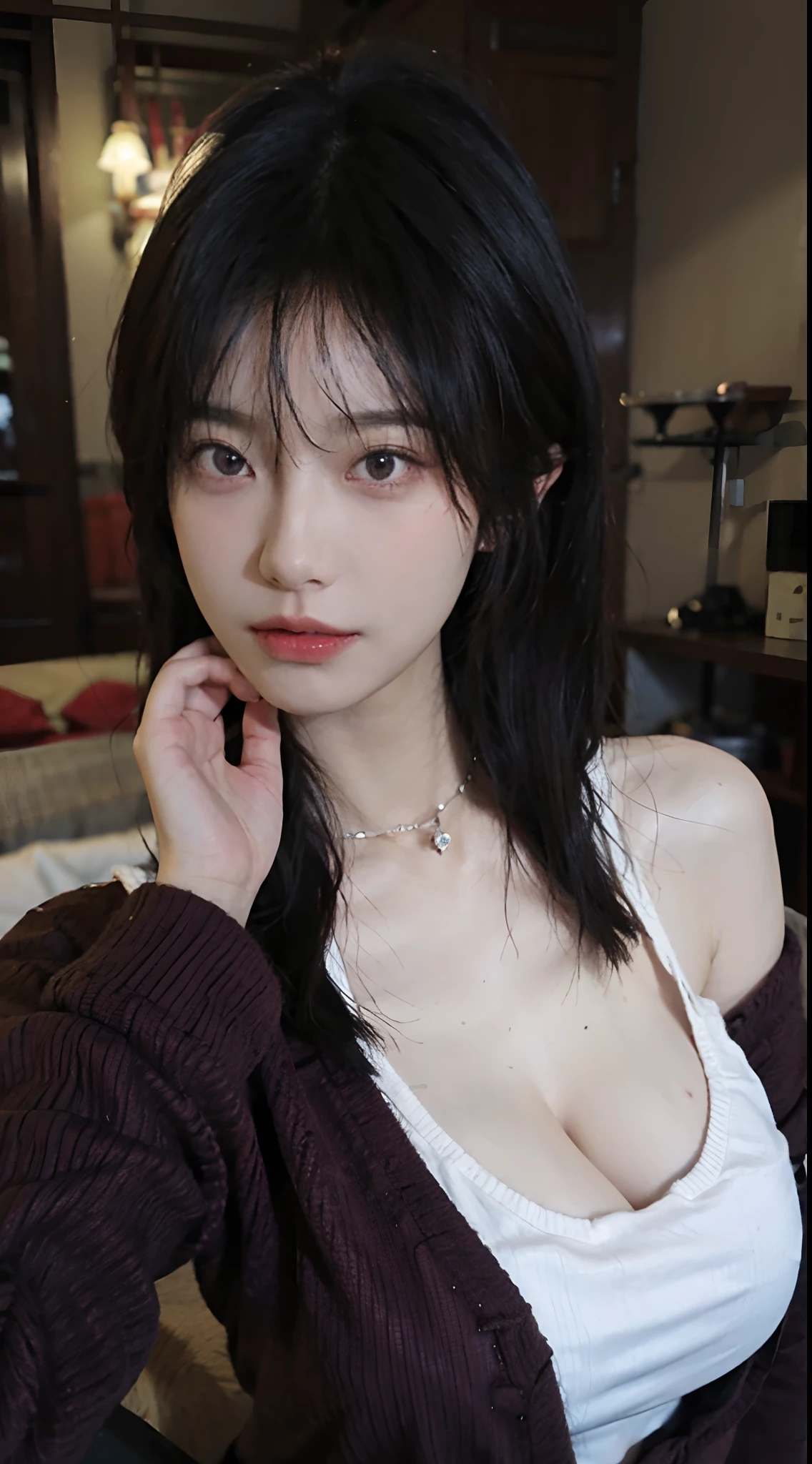 best qualtiy, 超高分辨率, (realisticlying:1.4),Baoyu Girl,1girll, with long coiled hair,Looking into the distance,gigantic cleavage breasts,Cropped red sweater,a sense of atmosphere,Beautiful woman with a slim figure:1.4, Abs,Ultra-fine face,Elaborate Eyes,二重まぶた,choker necklace