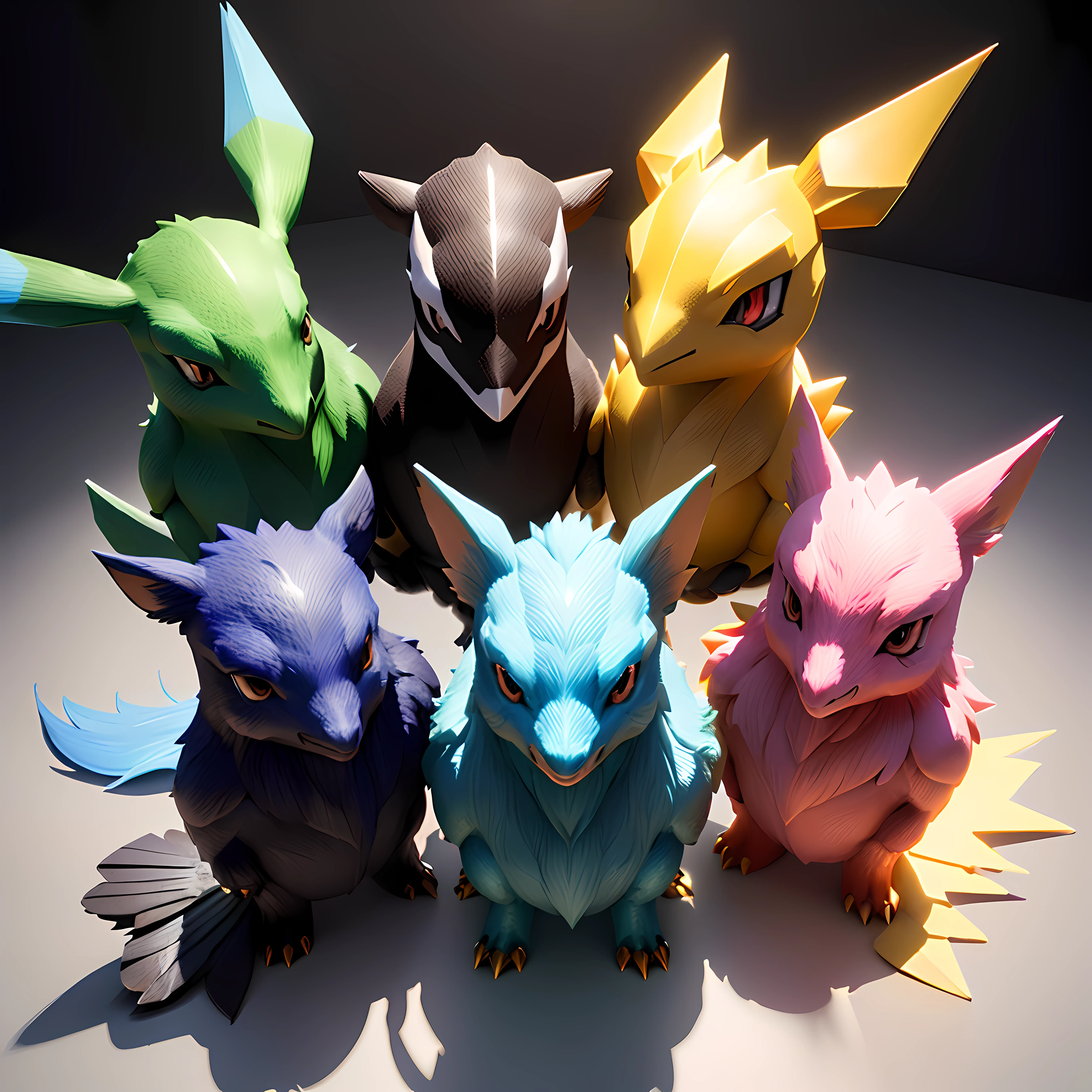 Hyper-realistic 3D rendering of a group of colorful Pokémon, each with its own unique color and design, by artist Tomasz Jedruszek, (8k), concept art, digitally painted