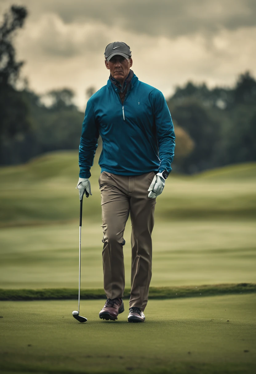 medium shot dslr photo of a golfer walking down a fairway wearing golf clothes, the sky has rain clouds, there is a tall male figure in the distance on the left side of the frame looking down at him