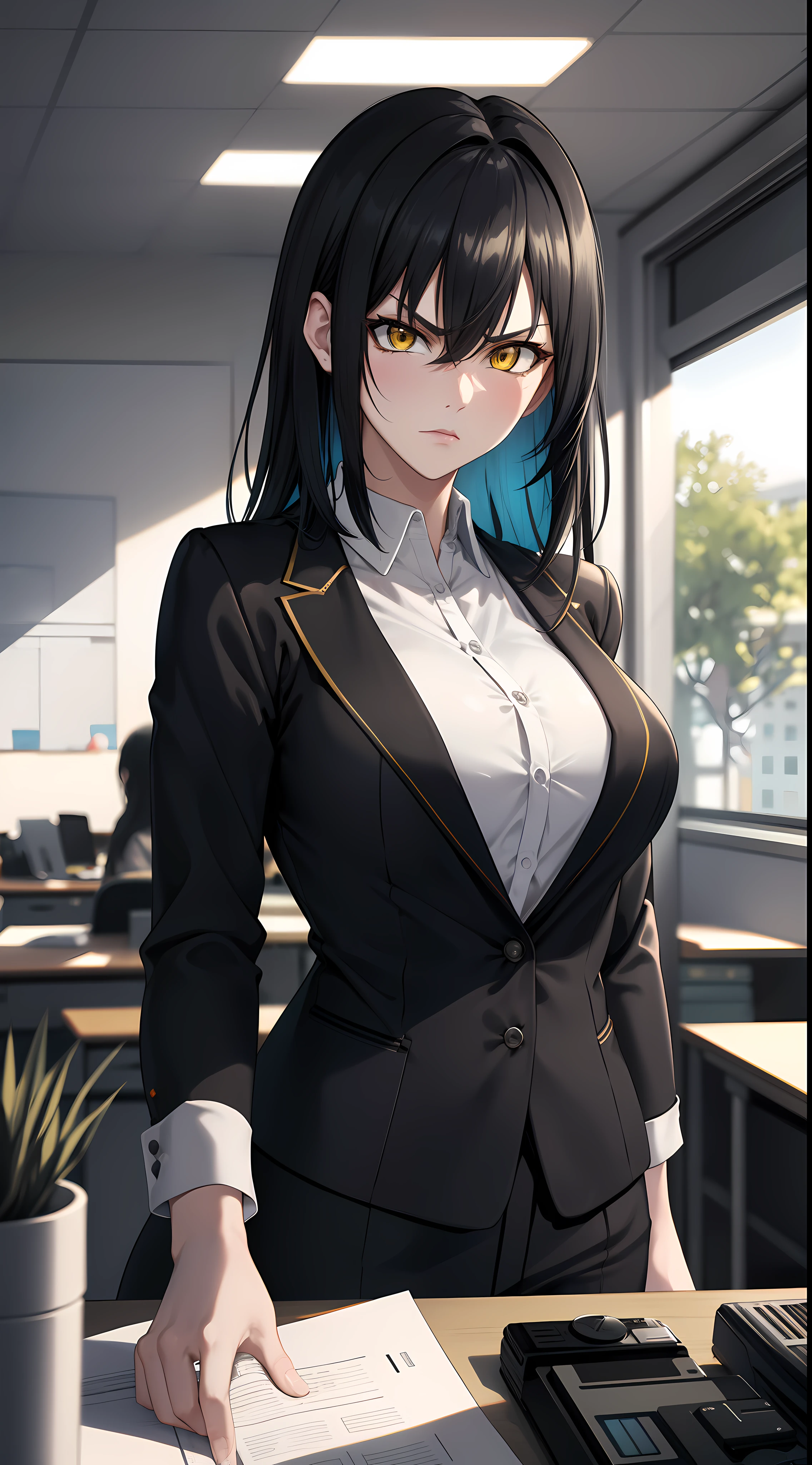 professional artwork, Intricate Details, field of view, sharp focus, detailed painting, photorealistic lighting, trending on pixiv,(masterpiece:1.0),(best_quality:1.0), ultra high res, ultra-detailed, photography, 8K, HDR, highres, absurdres:1.2, Kodak portra 400, film grain, sharp focus, bokeh:1.2, lens flare, (vibrant_color:1.2), (((indoors, office details))), Annerose, 1girl, female mature, black hair, long hair, (yellow eyes), large breasts, white office suit, higheels, soft skin, hair intakes, (solo:1.4), (upper body, half body shot, covered breasts), angry and shy, angry and shy face