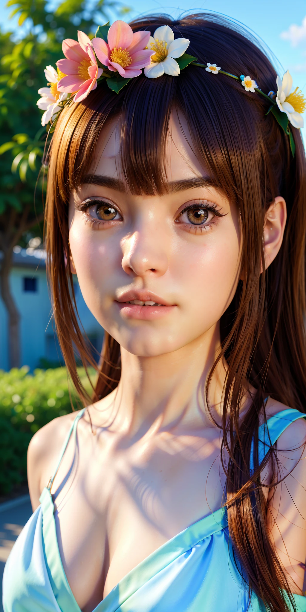 Allafedian Asian girl with a flower crown on her head, Kawaii realistic portrait, Smooth anime CG art, lovely digital painting, Realistic anime 3 D style, Realistic young anime girl, realistic anime artstyle, adorable digital art, made with anime painter studio, girl cute-fine face, Realistic cute girl painting, photorealistic anime girl rendering, Photorealistic anime穿着薄纱