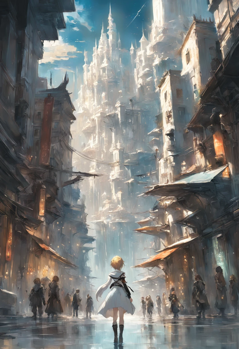 Hermosa pintura impresionista de Final Fantasy Princesa de pelo blanco con vistas a la ciudad, fantasy, brillante, dramatic, beautiful lighting, Merger between Jeremy Mann and Jean-Baptiste Monge and Darek Zabrocki, Aaron Griffin, Muchos detalles, alta calidad, Detallado, refinado, Beautiful, absurdos, Obra maestra