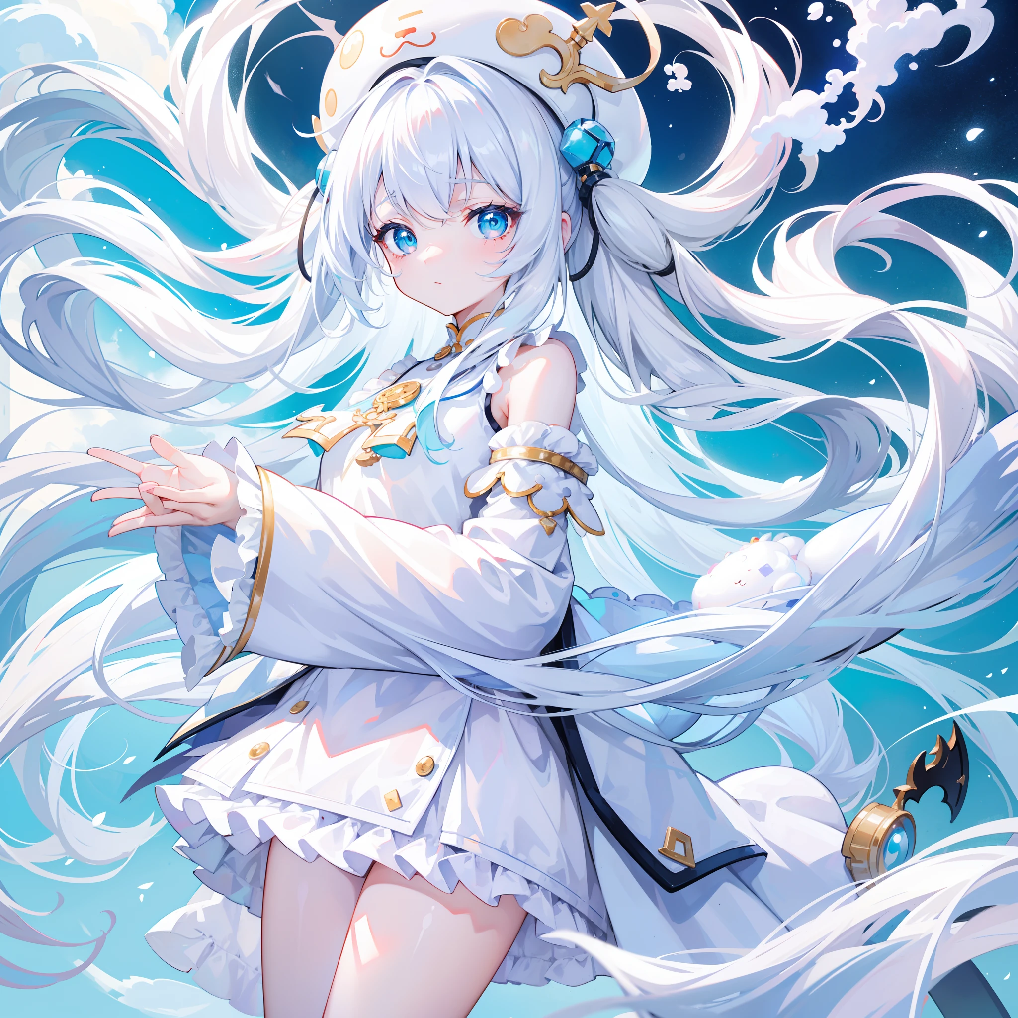 Milky long-haired milk，White clothes，Huhu is a very cute face，This is a cute sweet girl，cyan eyes，white color hair，bit girl，Poor milk