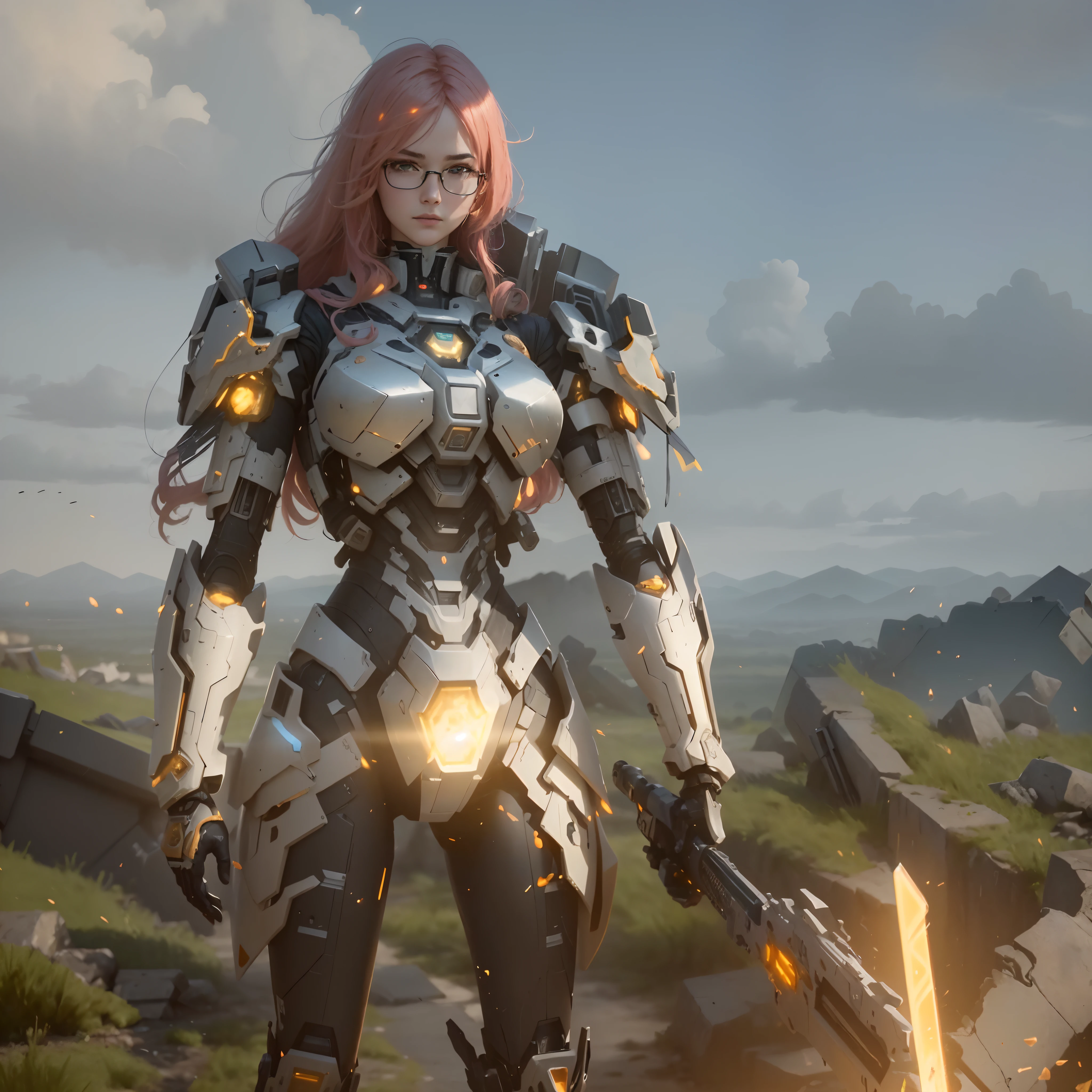 ((Best Quality)), ((Masterpiece)), (Very Detailed:1.3), 3D, Shitu-mecha, Beautiful cyberpunk woman with her pink mech in the ruins of a city in the forgotten war, Ancient technology, HDR (High Dynamic Range), ray tracing, NVIDIA RTX, super resolution, unreal 5, subsurface scattering, PBR texture, post-processing, anisotropic filtering, depth of field, maximum sharpness and sharpness, multi-layer texture, albedo and highlight maps, surface shading, Accurate simulation of light-material interactions, perfect proportions, octane rendering, duotone lighting, low ISO, white balance, rule of thirds, wide aperture, 8K RAW, efficient sub-pixels, subpixel convolution, luminescent particles, light scattering, Tyndall effect, wearing black glasses, right hand holding energy sword,long orange hair with red rose head band,