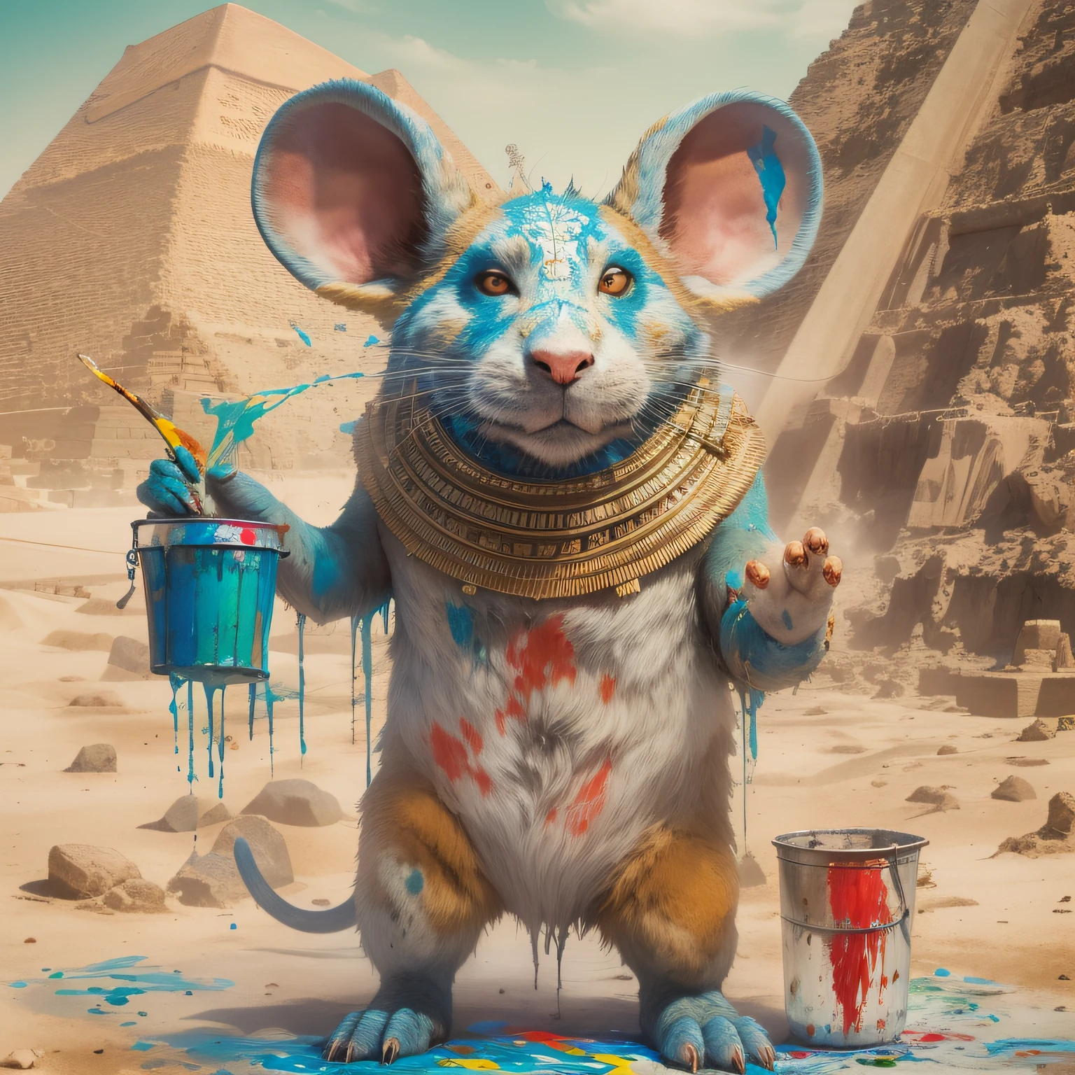 photo of a giant monster mouse, he paints the Egyptian pyramids, he is holding a bucket of paint, desert background, aerial view, Paint leaking, liquid details, thick paint splatter, intricate details