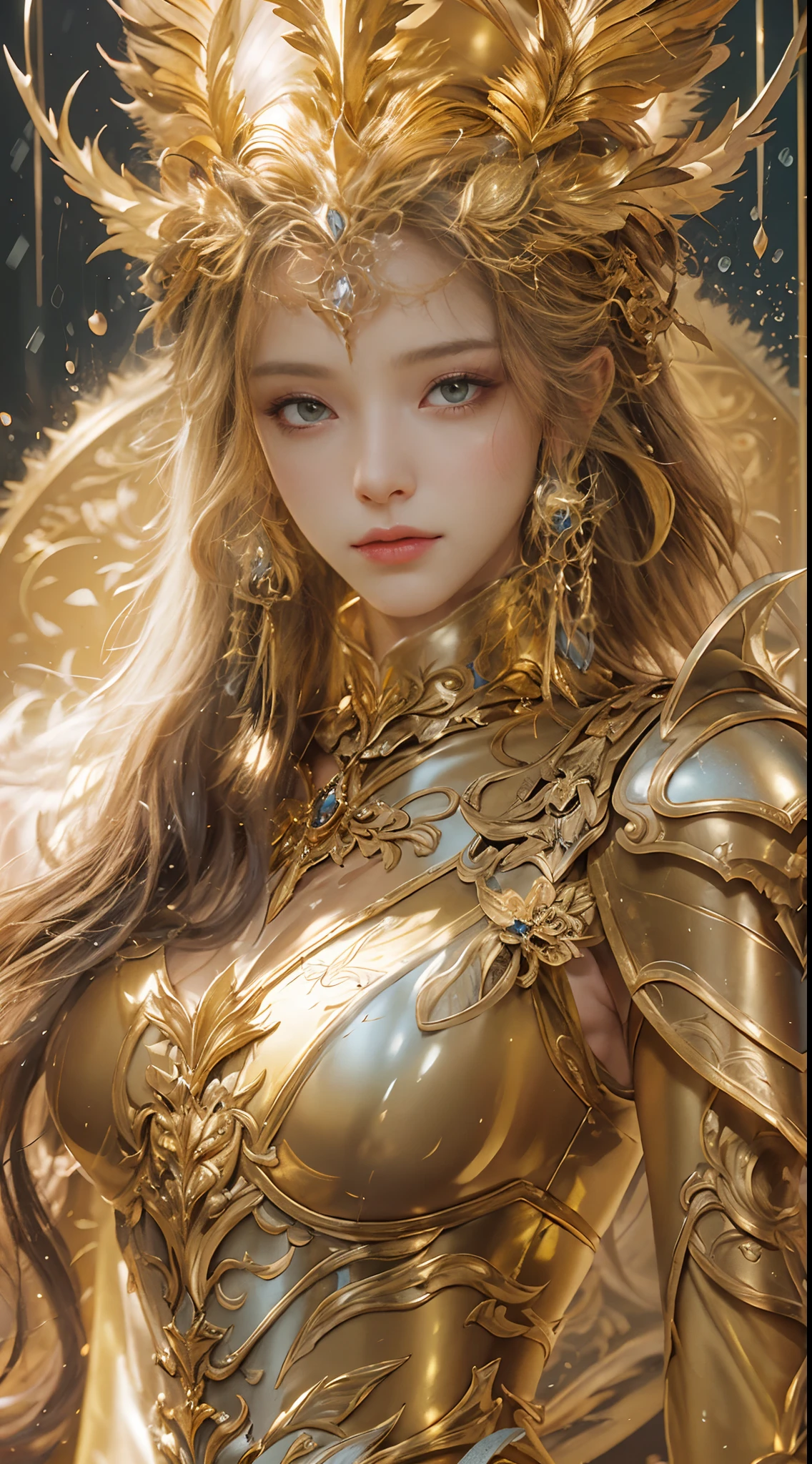 Woman in a golden dress, True Art Station, Rainstorm site, detailed fantasy art, Stunning character art, Beautiful and exquisite character art, Beautiful golden armor, Extremely detailed, Girl in shiny armor, Exquisite headdresses and jewelry, Full body capture,