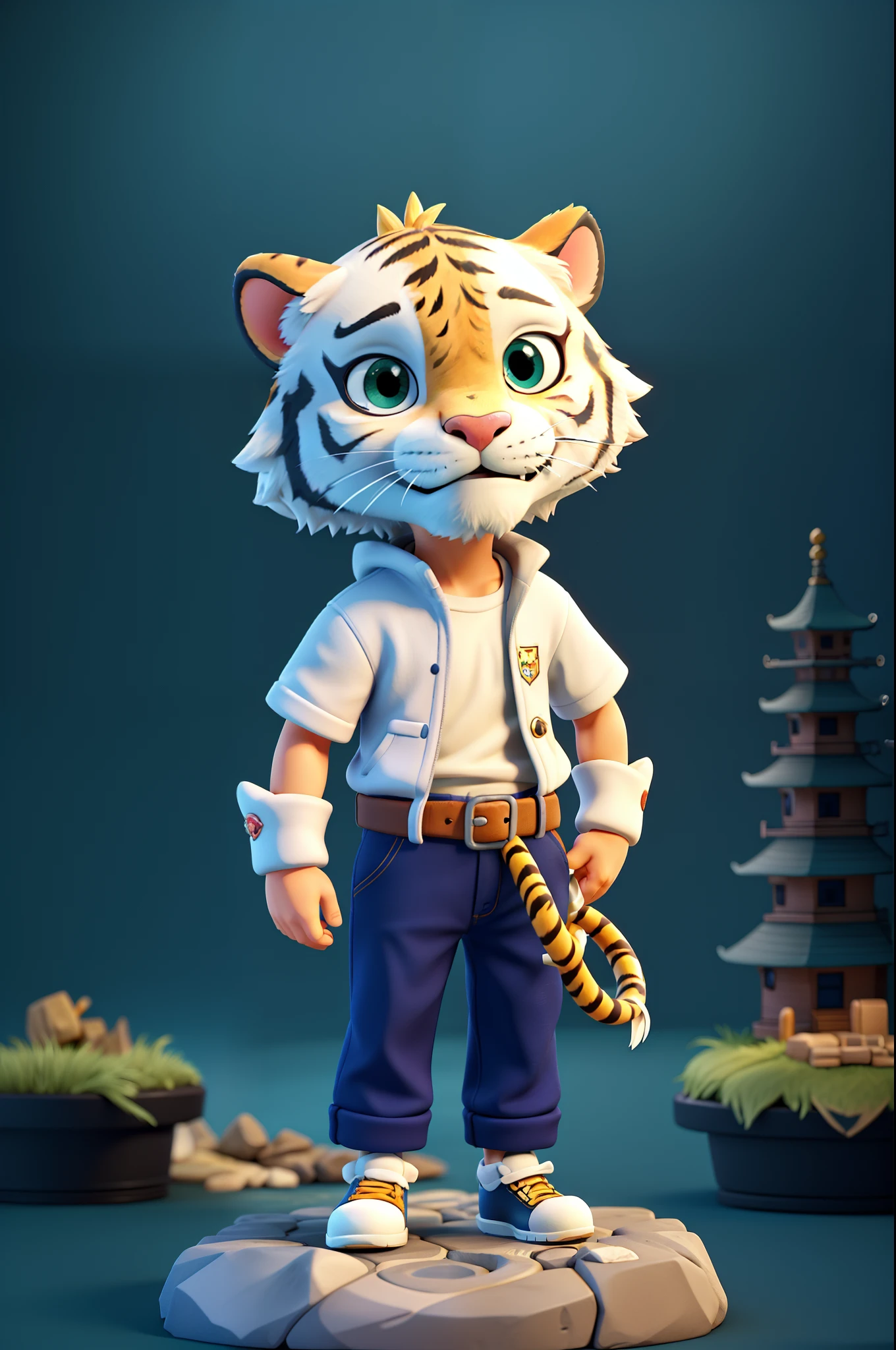 There is a cartoon tiger standing on the display stand, 3 d render stylized, 3D model of a Japanese mascot, Stylized 3 D, Anthropomorphic tiger, 3 d icon for mobile game, for hire 3d artist, stylized 3d render, toon render keyshot, 3 D character art, Stylized anime, high detail iconic character，Rich in detail，Dark surroundings
