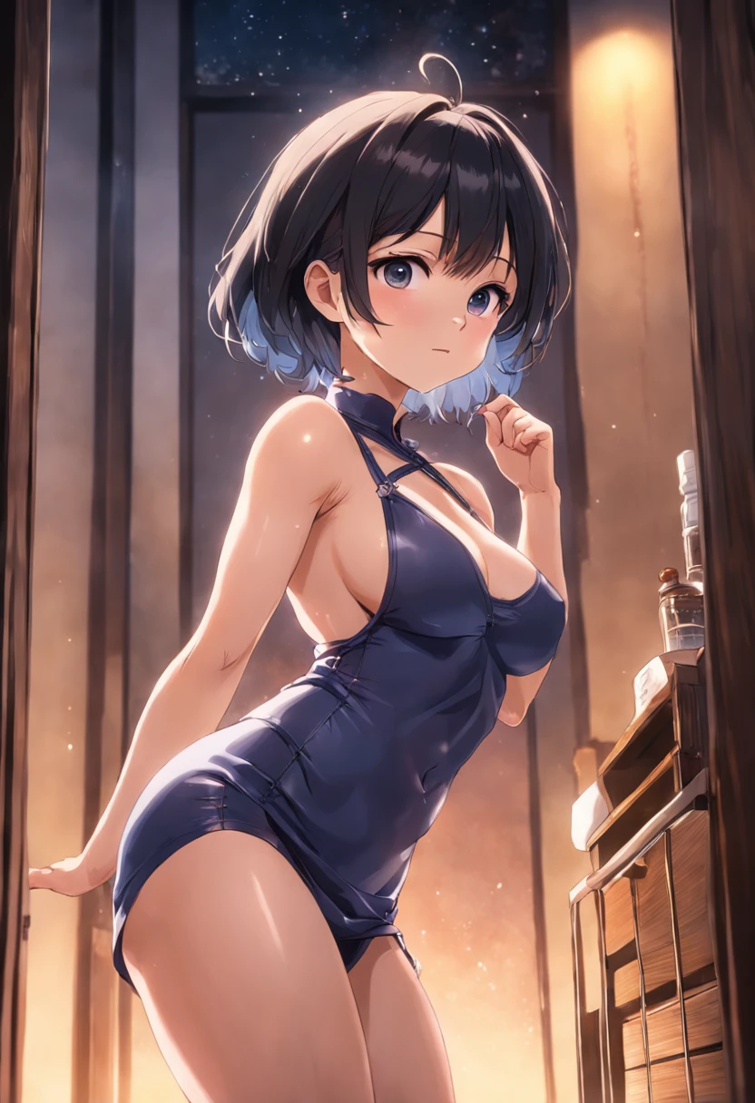32K image quality、RAW photography、top-quality、tmasterpiece、ultra - detailed、The most beautiful woman in her 30s in Japan、Ultra-transparent and beautiful skin、Obscene big、Body type like a gravure idol、Bell chest of drawers、boobgasm、com rosto detalhado、Cinematic perfect lighting、Knitted sleeveless dress、very short bobbed hair、Beautiful breasts、Obscene armpits、Pheromones wafting out of the armpits
