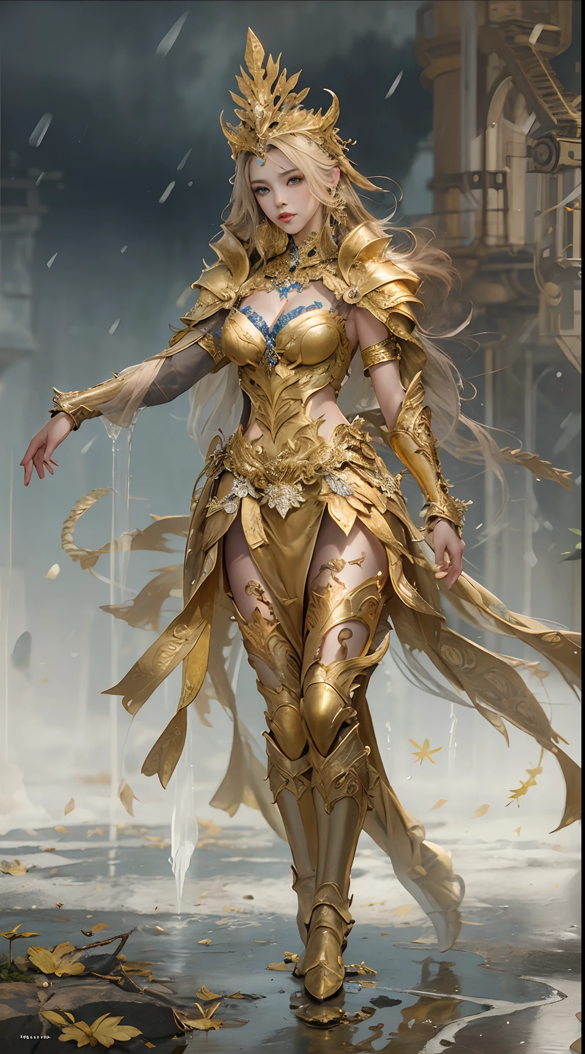 Woman in a golden dress, True Art Station, Rainstorm site, detailed fantasy art, Stunning character art, Beautiful and exquisite character art, Beautiful golden armor, Extremely detailed, Girl in shiny armor, Exquisite headdresses and jewelry, Full body capture,