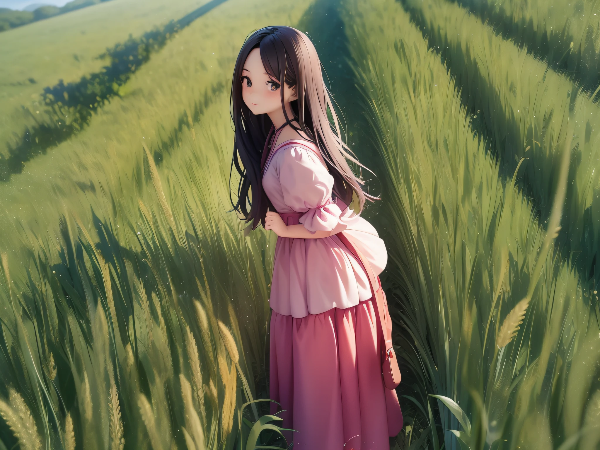 Alfid woman in pink dress standing in a wheat field, girl walking in wheat field, in a field, in a wheat field, posing on wheat field, standing in a field, in a open green field, walking in the wheat field, In the middle of a field, in field high resolution, girl standing in flower field