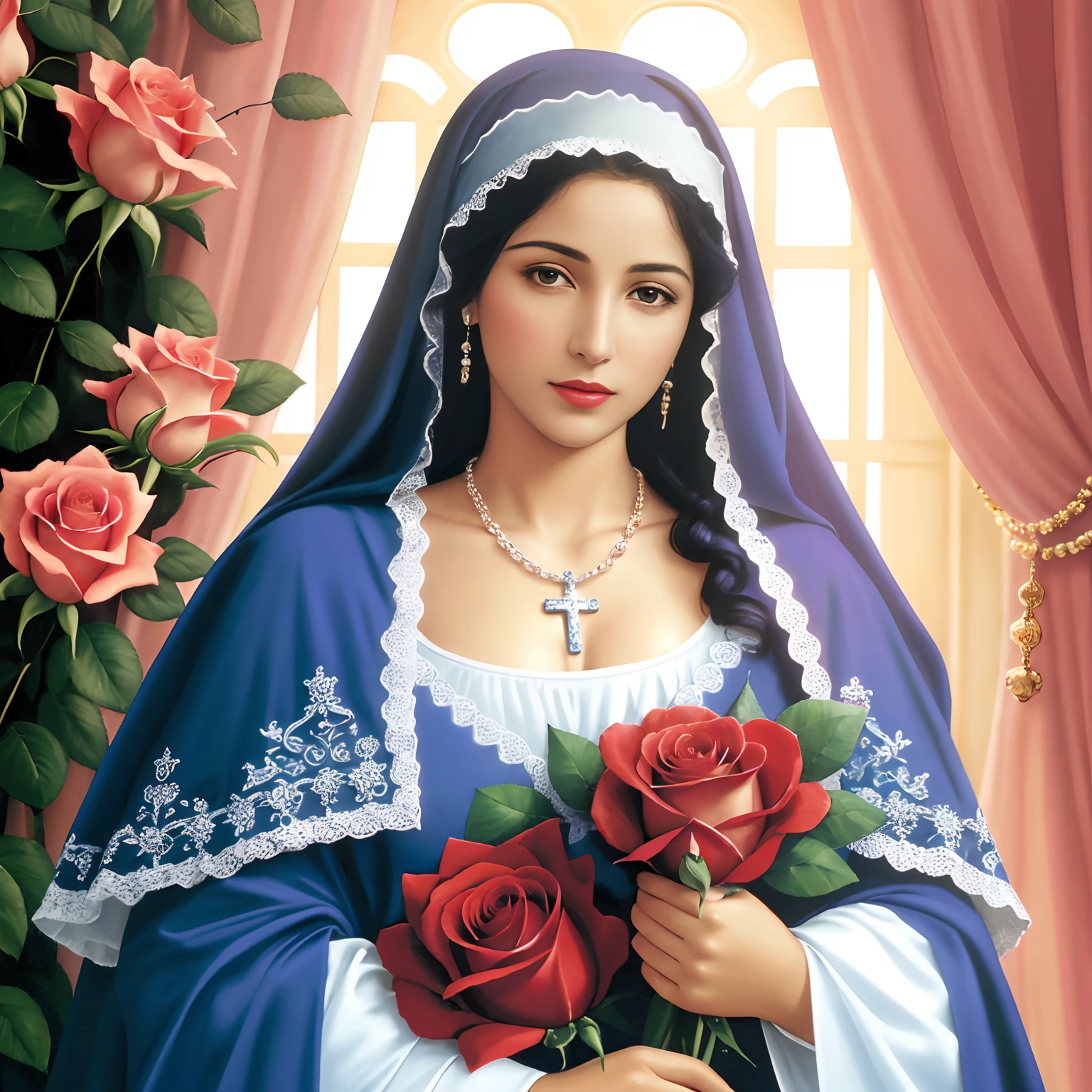 To Mary praying the Rosary with roses, no estilo de pseudo-realista, rosa escuro e azul claro, realismo suave pincelada, low-res, Foto de imprensa associada, Imagem UHD, Holotone Printing