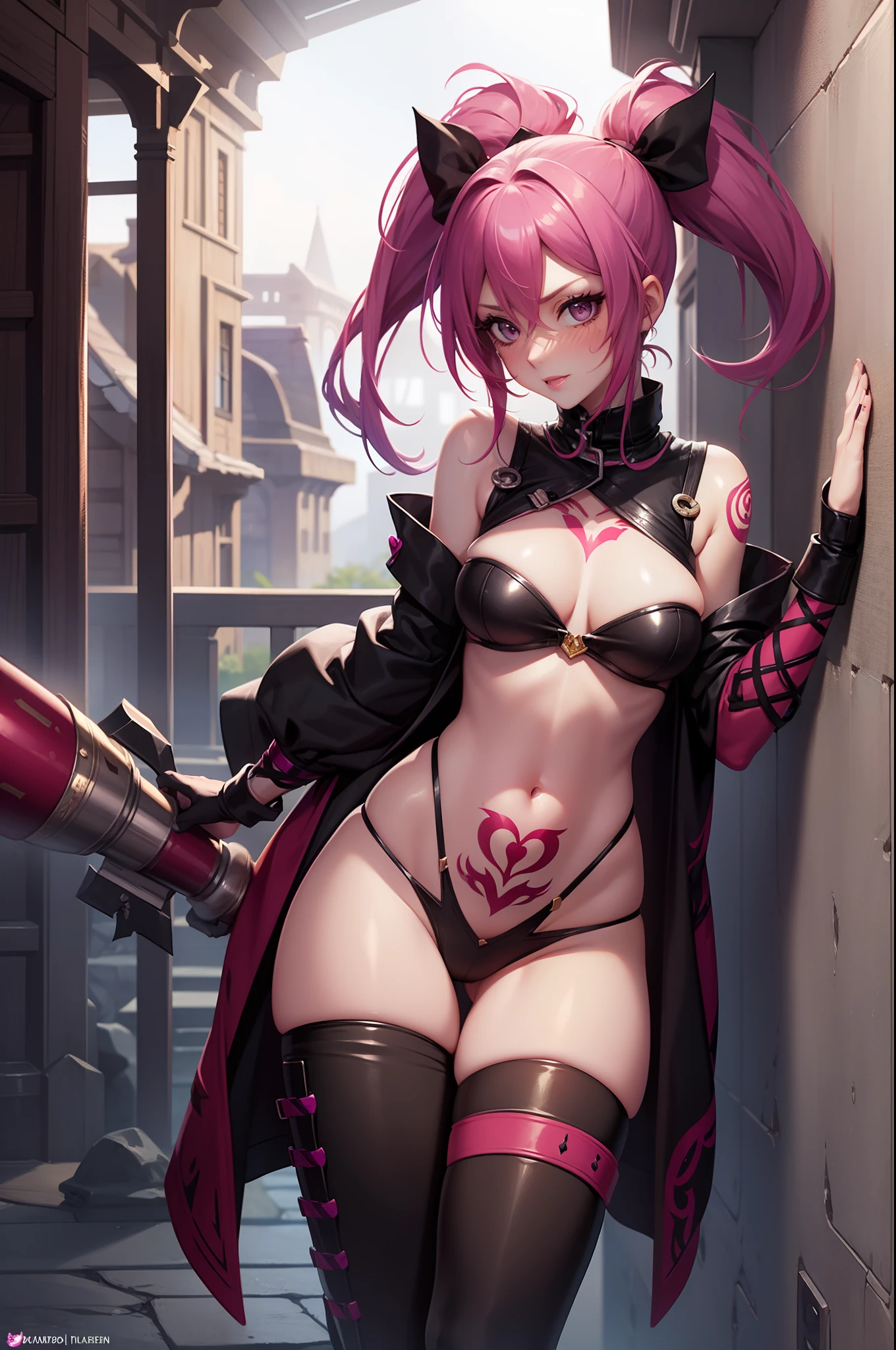 jinx league of legend, getting slave, love potion, drunk, no underwear, petite and sexy body shape, lewd tattoo, red blush face, tougue out, showing off