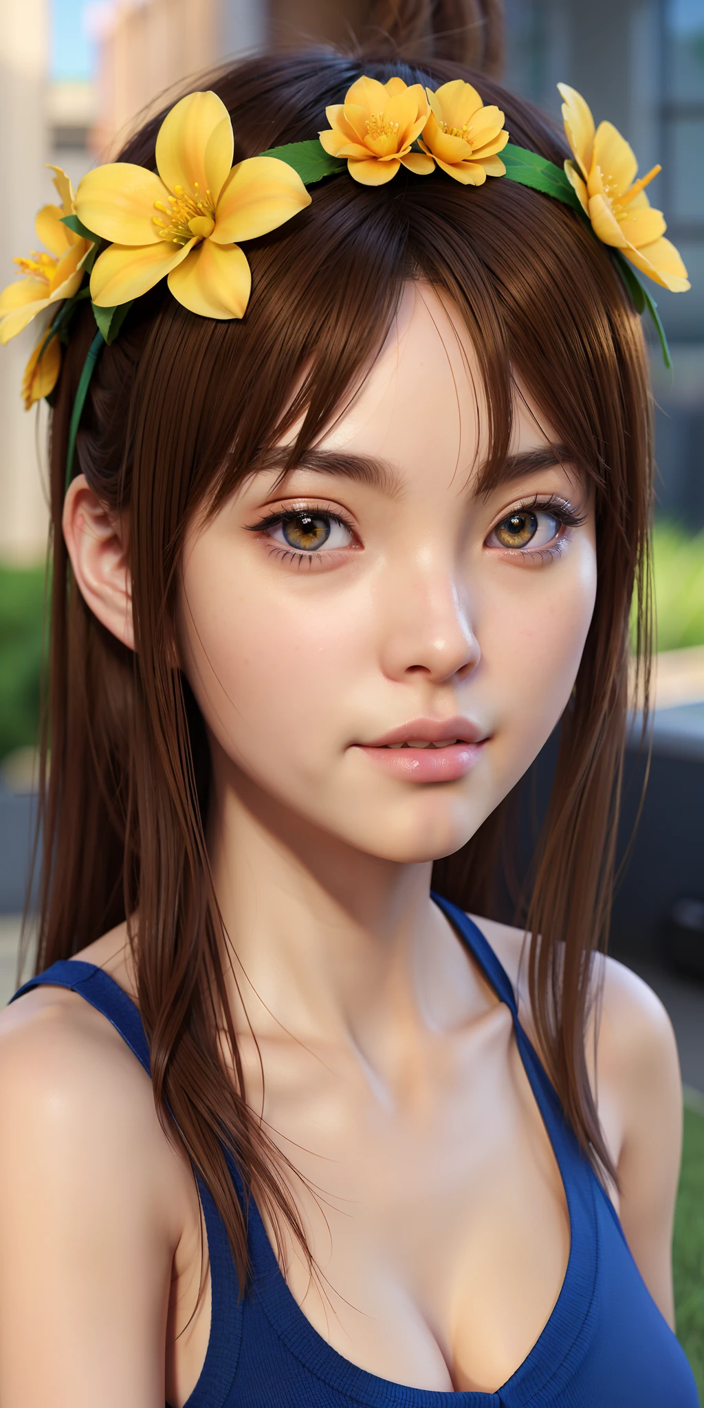 Allafedian Asian girl with a flower crown on her head, Kawaii realistic portrait, Smooth anime CG art, lovely digital painting, Realistic anime 3 D style, Realistic young anime girl, realistic anime artstyle, adorable digital art, made with anime painter studio, girl cute-fine face, Realistic cute girl painting, photorealistic anime girl rendering, Photorealistic anime穿着薄纱