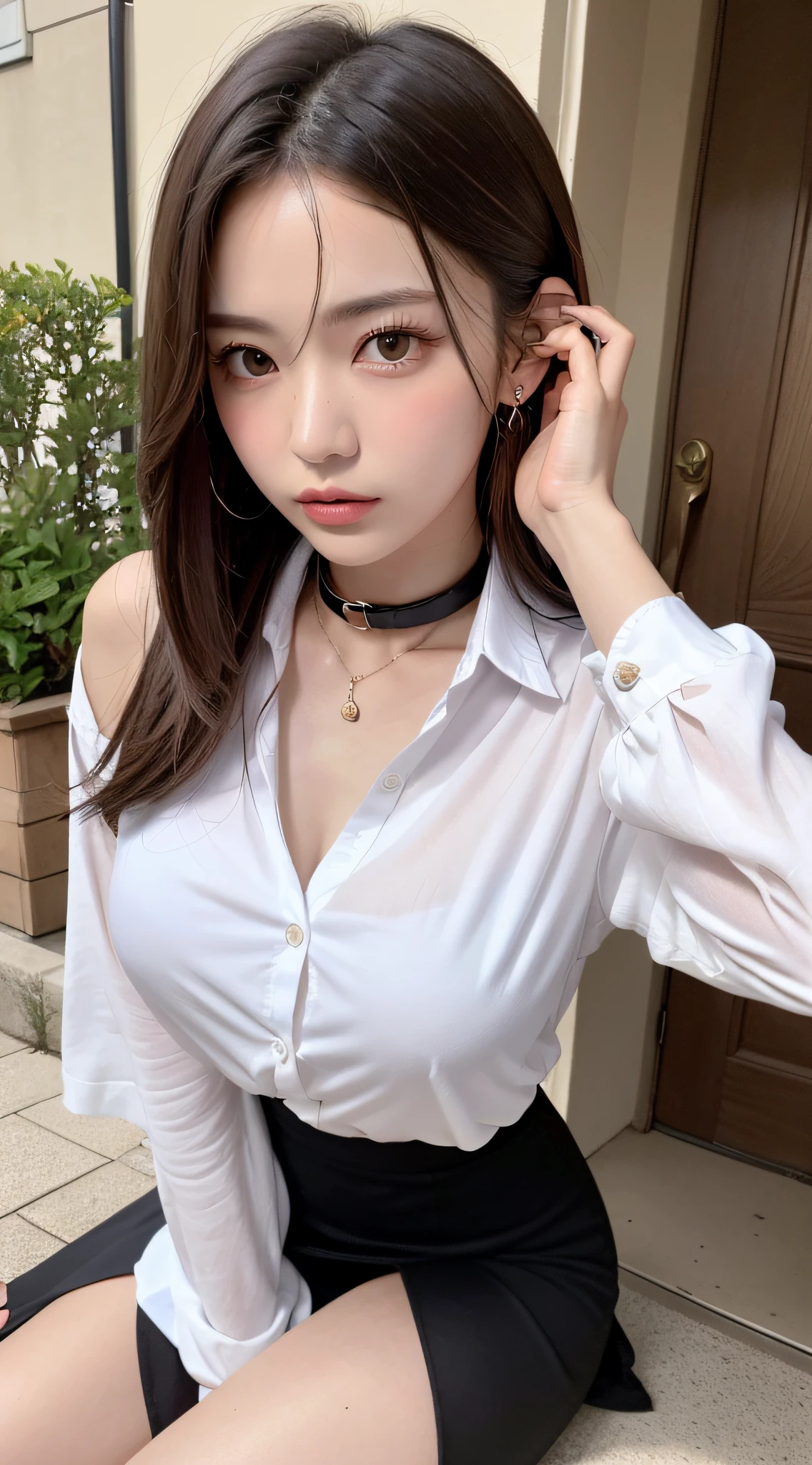 Korean school uniform, school uniform shirt, ribbon, skirt, bright brown hair, school poolside, poolside bench, 8K RAW photo, high resolution, cool Korean at , big round breasts, beaeyes in every detail, long eyelashes, beautiful double eyelids, slit eyes, elongated eye shape, sanpaku eyes, duck mouth, evil smile, evil look, beautiful very thin legs, beautiful very thin thighs, random short hair, hair tied behind the head, earrings, necklaces,