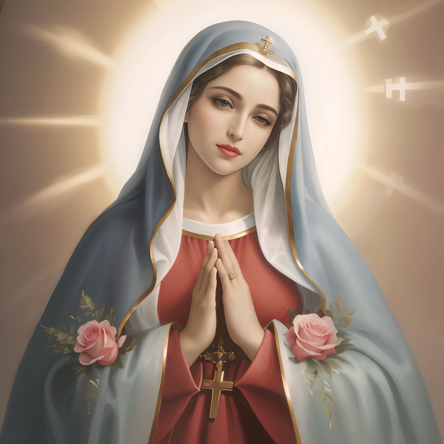 um close up de uma pintura de uma mulher rezando, Rosas, Virgem Maria, Retrato da Virgem Maria, queen of heaven, catholic religious art, majestosa mulher de santo, mary in a sanctuary, santo e belo, Holy, catholic icon, Directed by: John O'Gorman, Arte sacra, Catholic, imagens sagradas, Retrato detalhado de Madonna, imaculado